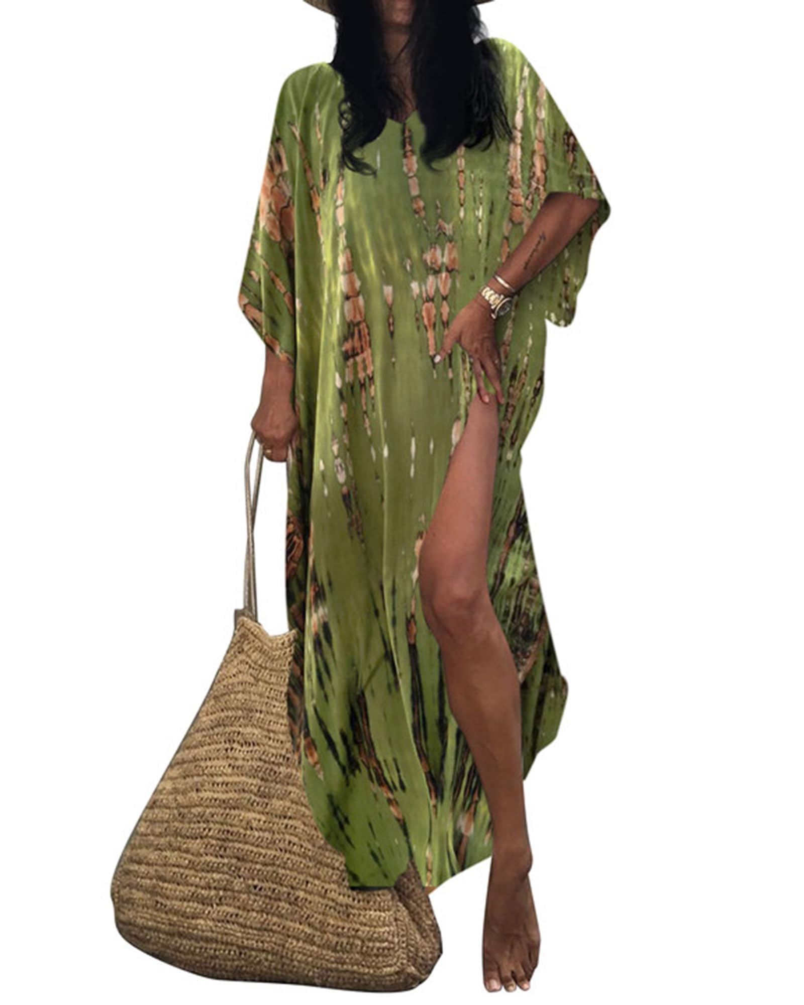 Bsubseach Vestido de Playa con Estampado de caftán para Mujer Manga Corta Talla grande Traje de baño