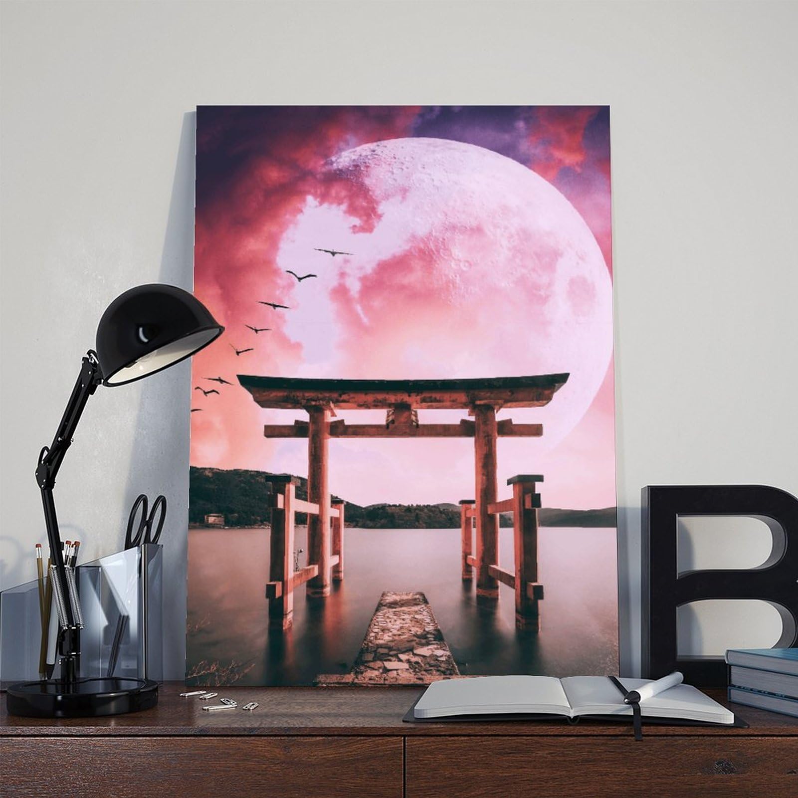 WRTYVE Poster su tela con sole, luna, lago, per ufficio, decorazione regalo