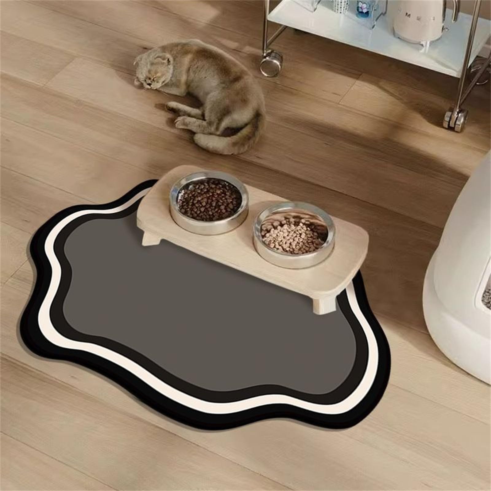 Hearda Absorbent Pet Food Mat, Irregular Shape Pet Mats for Food Bowls Pet Feeding Mat Dog Bowl Mats Non Slip Quick Dry Water Dispenser Mat Durable Dog Food Placemat (60x90cm,Black + Gray)