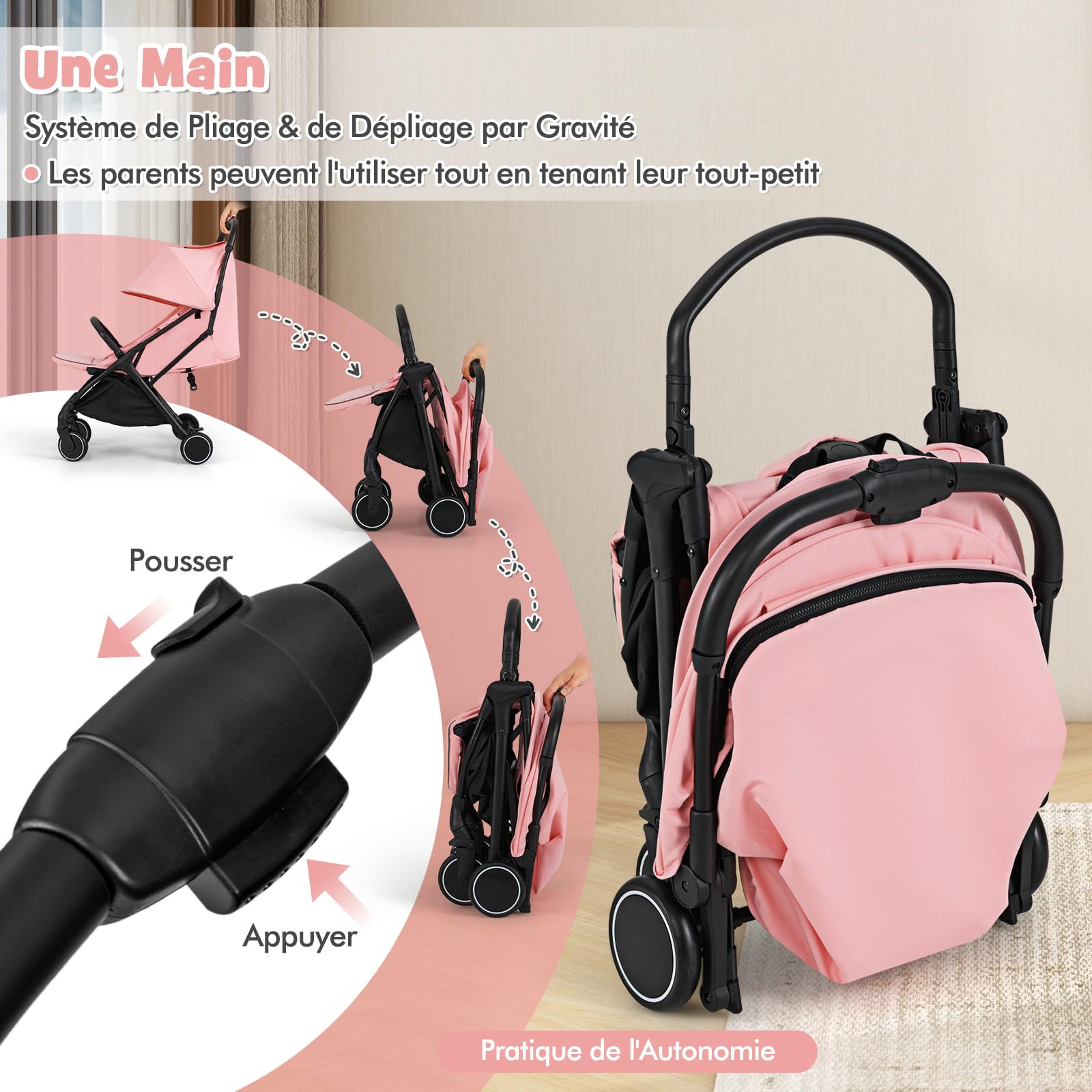 COSTWAY Poussette Canne Bébé 0-3 Ans(Charge 15 kg) avec Dossier & Repose-pieds Réglables, Pliable à une Main, Pousette Légère et Compacte en Aluminium avec Auvent & Frein, Harnais à 5 Points, Rose