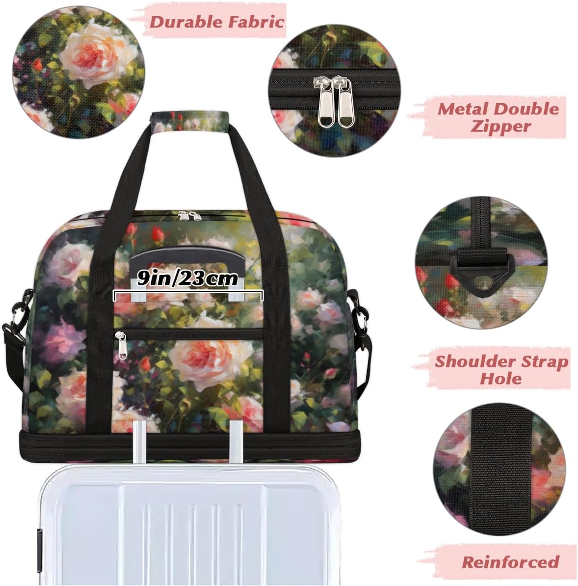 QsirBC Rose Flowers Design Gym Bag for Women Duffle Tote with Shoes Compartment Men Weekender Duffel for Dance Travel Sports Swimming Overnight