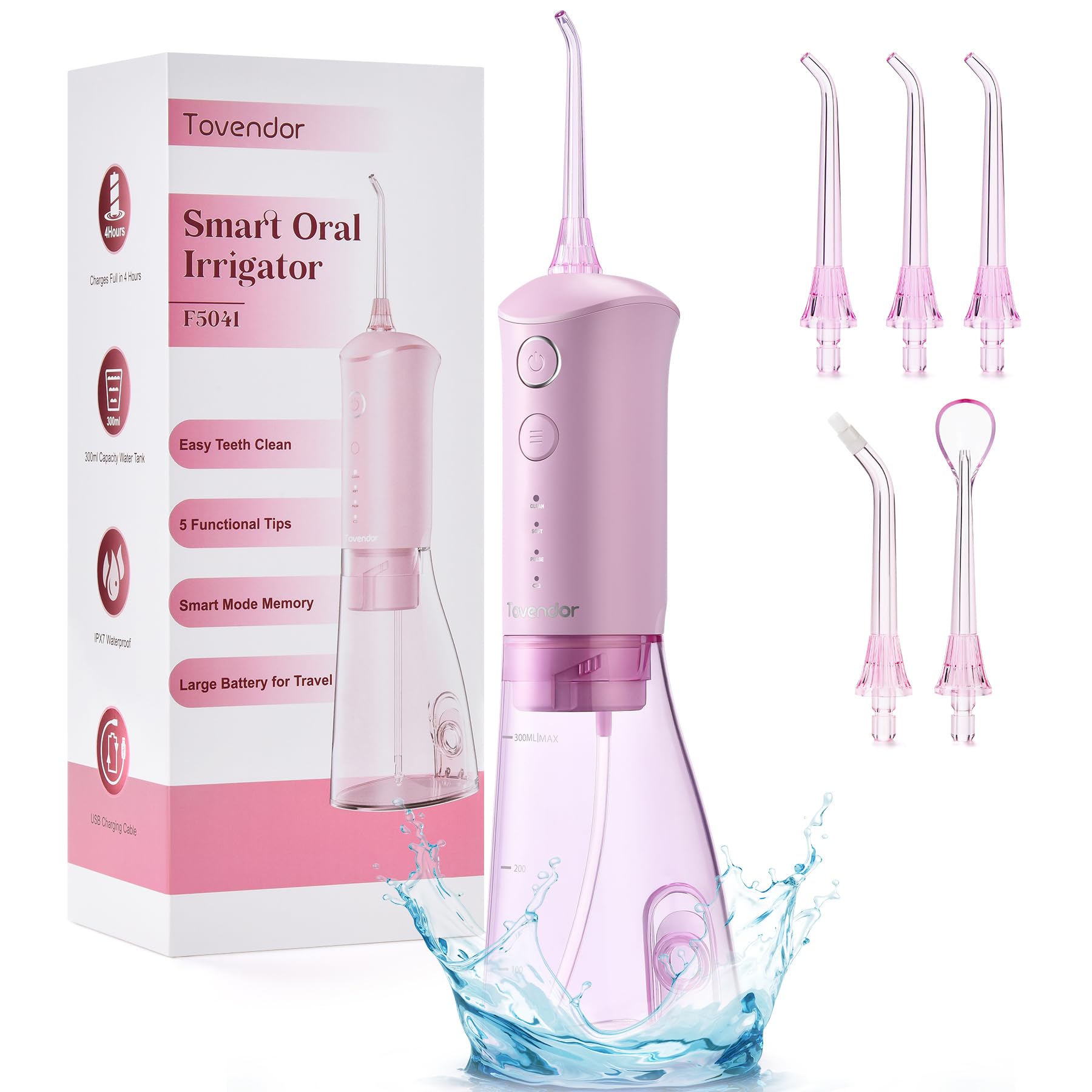 TOVENDOR Water Dental Flosser, Rechargeable Dental Oral Irrigator, 3 Modes, 5 Tips for Teeth Cleaning, Family Oral Health, Portable 300ML Large Water