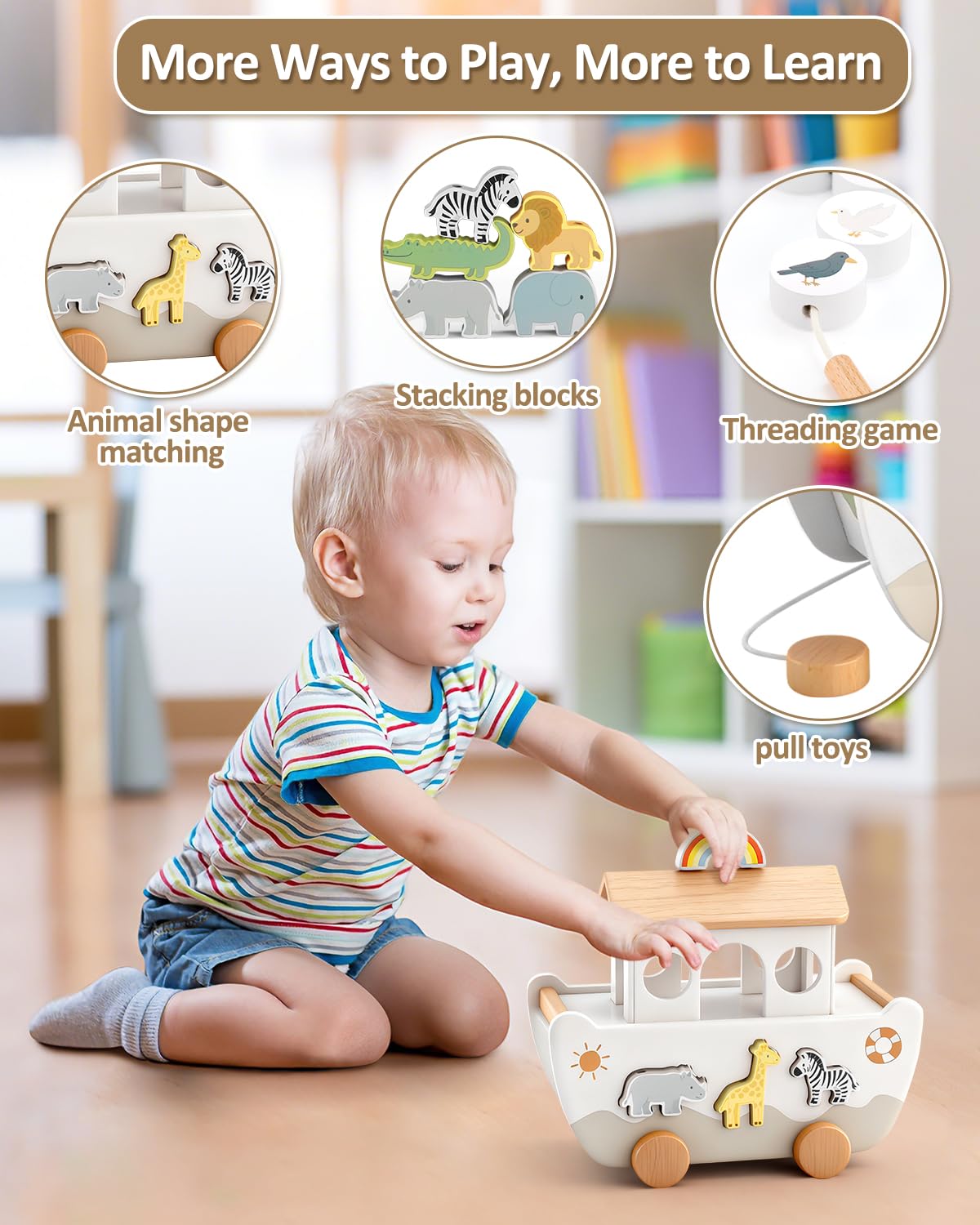 WoodsyJoy Wooden Noah’s Ark Toy for Toddlers 1-3, Baptism Christening Gifts for Boys Girls, Christian Toy Animal Shape Sorter, Baby Birthday — view 4