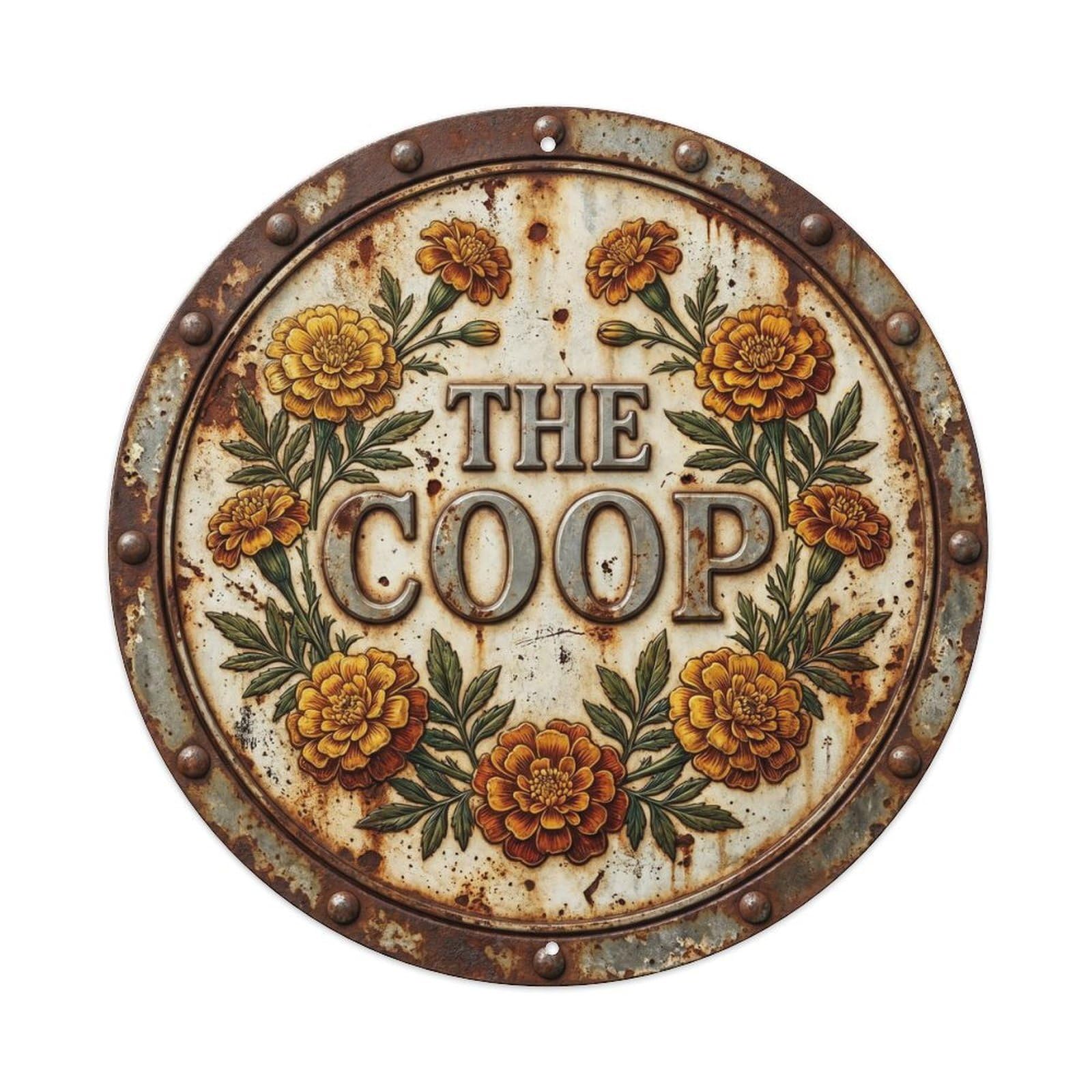 Coop Botanical Floral Farmhouse Label Marigold Metal Tin Sign