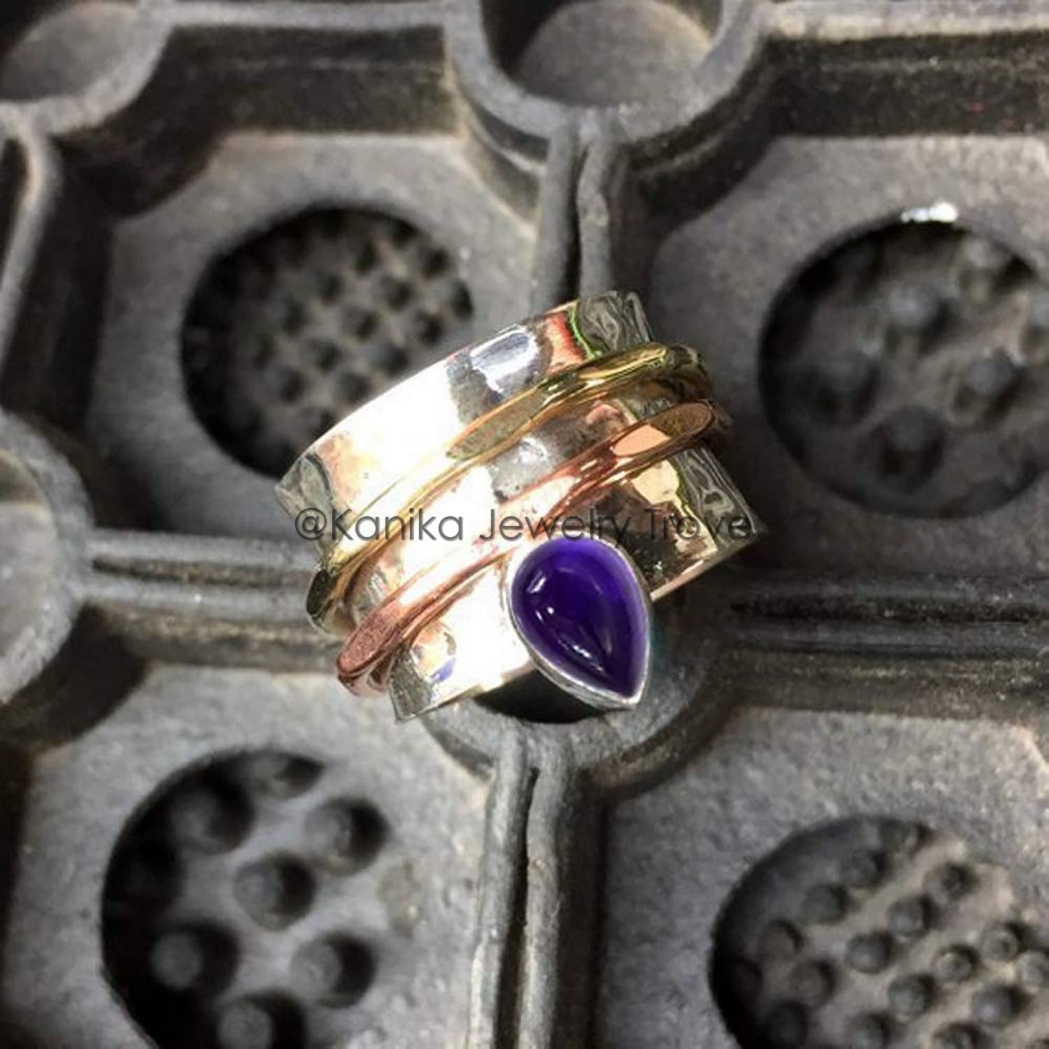 Angst Ring für Meditaion, 925 Sterling Silber Band, Spinner Ring aus Messing und Kupfer für Frauen, Geschenkring zum Muttertag (Amethyst, Größe 7)