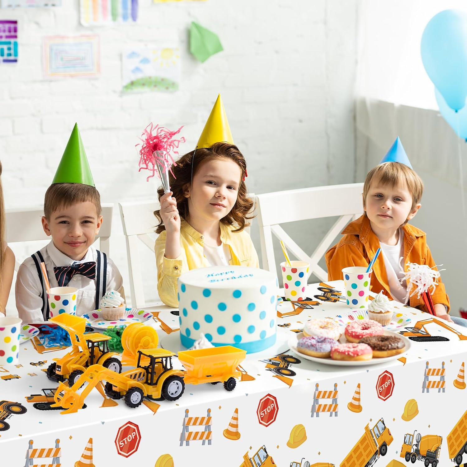 3-Piece 51 x 87 Inch Construction Plastic Tablecloth – Dump Truck and Traffic Sign Design, Disposable Rectangle Table Cover for Boys Birthday, Truck Party, or Under Construction Theme Decorations