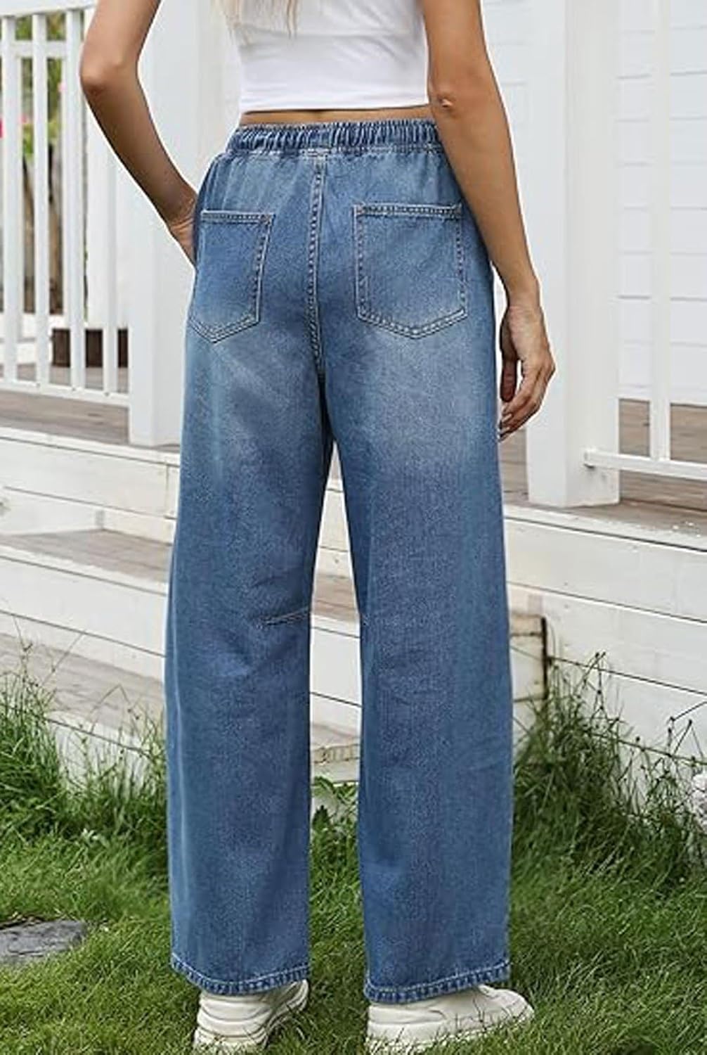 loveimgs Women Baggy Drawstring Barrel Jeans Pull On Denim Pants Elastic Waist Mid Rise Wide Leg Jeans Sweatpants