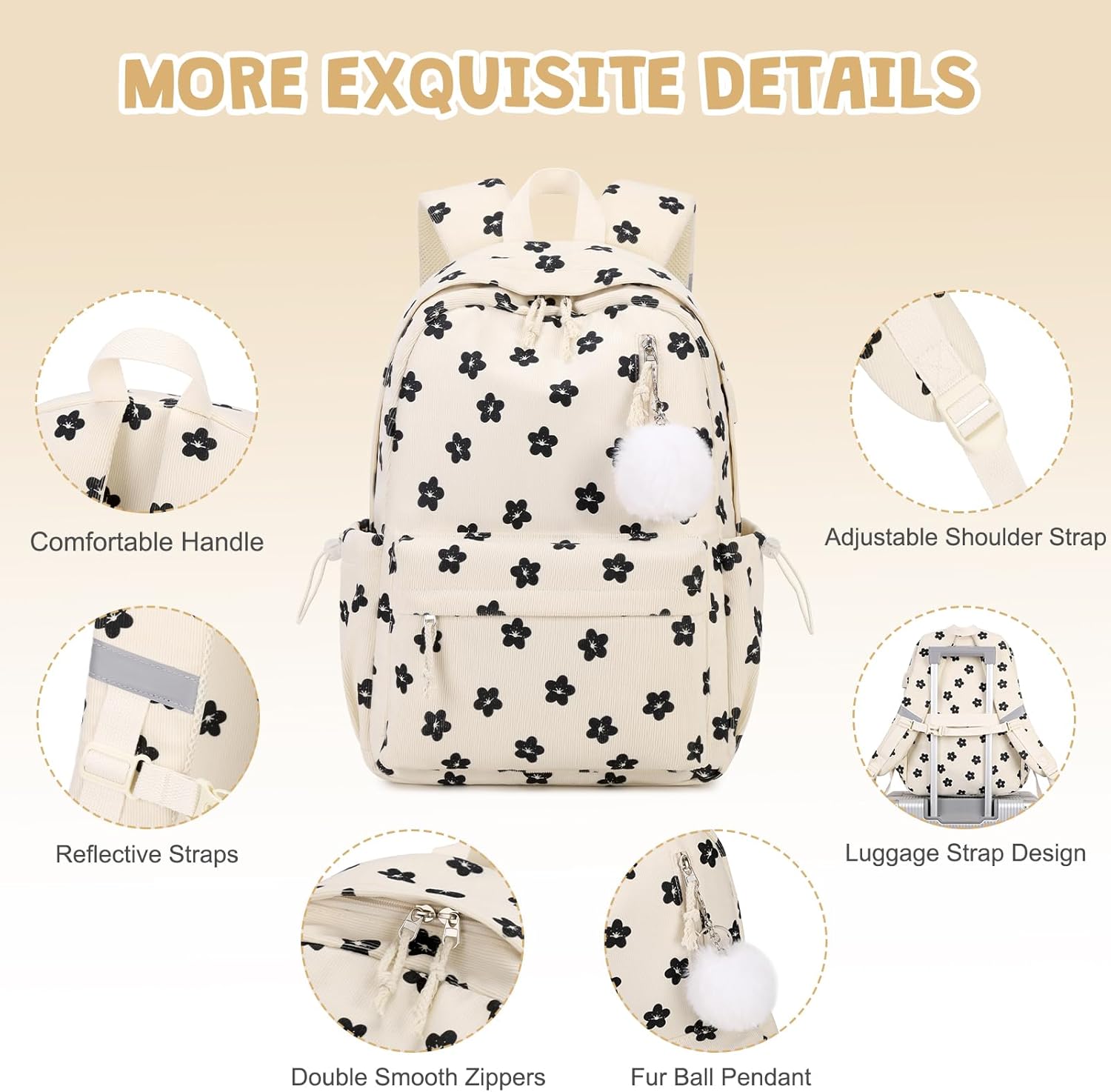 Backpack for Girls - Corduroy Girls Backpack with Lunch Bag & Pencil Pouch for Teen Kids Laptop Backpack for Women, Middle High School Bookbag Travel Daypack (Beige Flower) - Image 7