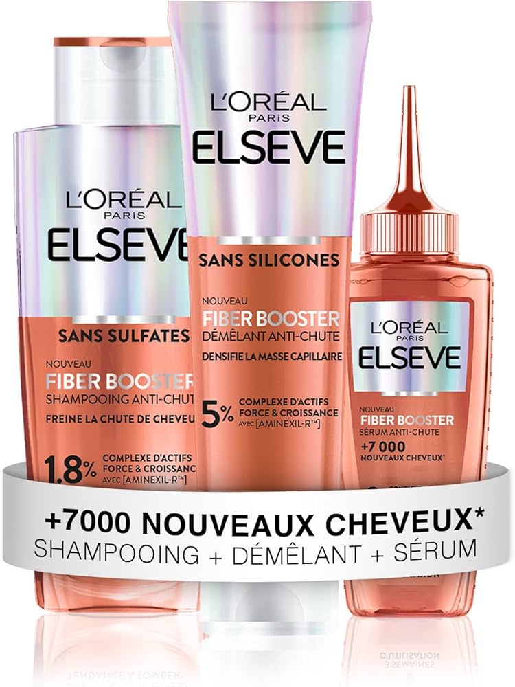 L’OREAL PARIS – Elseve Fiber Booster – Protocole Anti-Chute Cheveux - Stimule la Pousse* – Augmente la Densité Capillaire – Hommes & Femmes - Shampooing Sans Sulfates + Démêlant Sans Silicones + Sérum