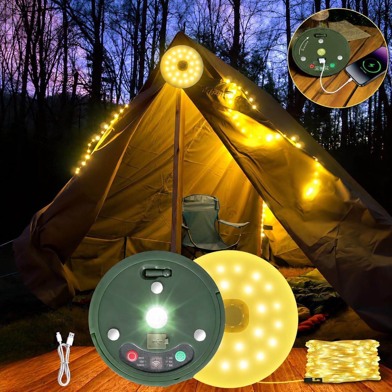 XERGY USB Rechargeable Warm White & RGB Camping LED String Lamp/Light, Magnetic Attach, 14 Light Mode, 3000mAh Battery, USB Output Powerbank Function, Timer, Waterproof Portable Hanging Lamp (10Mtr)-image-38