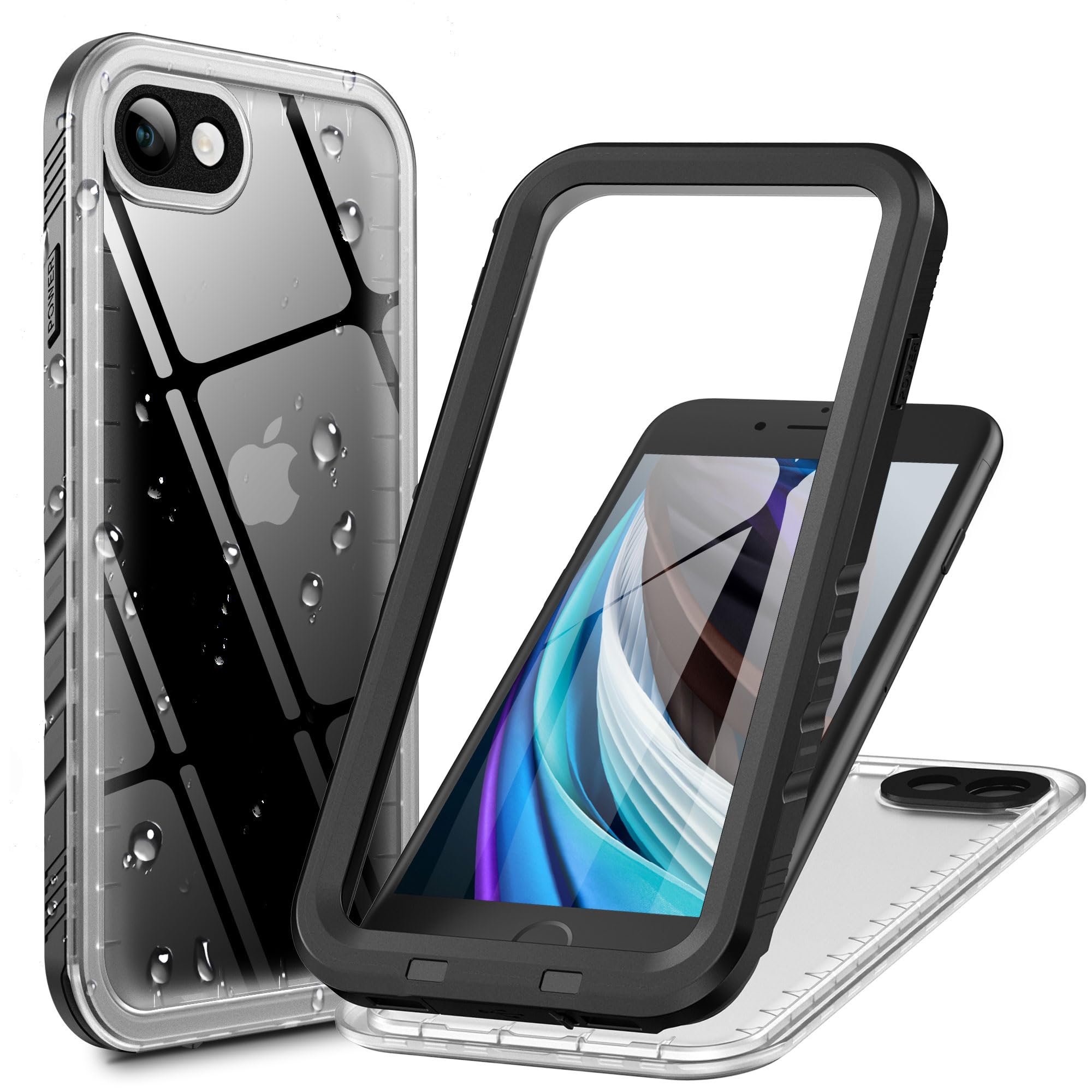 Cozycase Ultra Resistente Cover Impermeabile Antiurto Per iPhone SE 2022 2020 8 7 IP68 Subacquea Antipolvere 360 Completa integrale Militare Rigida Rugged Custodia Anti Urto Waterproof Trasparente