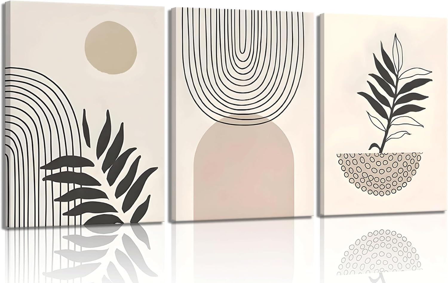 3 Pcs Framed Boho Sage Canvas Wall Art Geometric lines leaves sun beige Wall Decor Pictures Minimalist Poster Prints for Living Room Bedroom Bathroom Home Decoration 16x24 in Canvas 16x24in