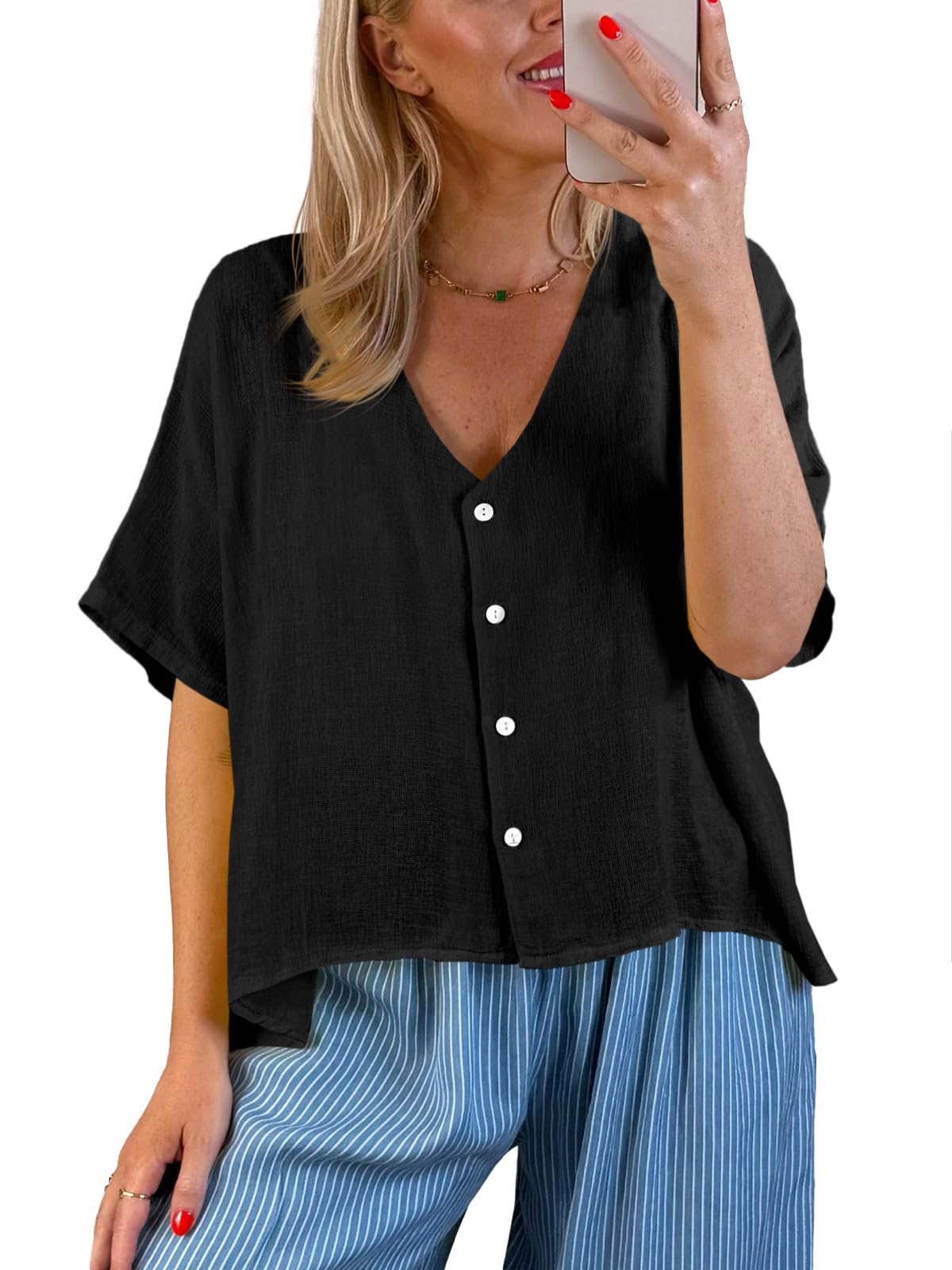 Womens Shirt Tops Batwing Short Sleeve Blouse Button Down Shirts