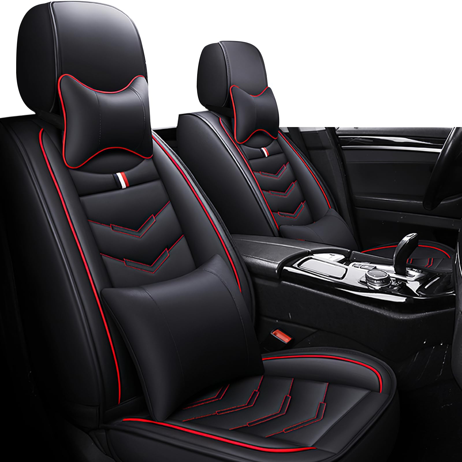 Car Seat Covers Fit for KIA Soul 2010-2025, Leather Seat Covers for Car, Waterproof Non-Slip Durable Car Seat Protector(2 Seats with Pillow,Black Red)