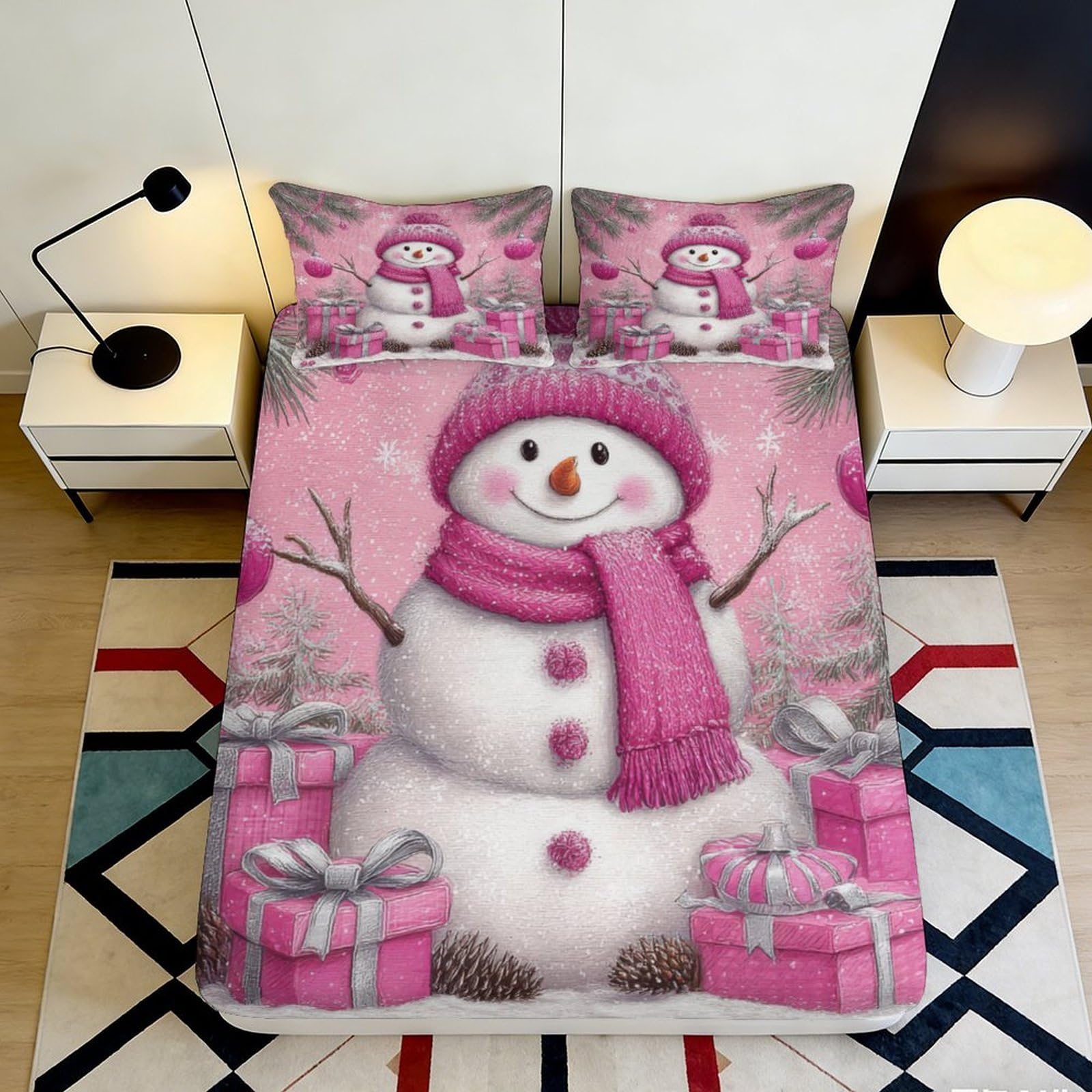 3D Printed Pink Snowman Fitted Sheet Microfiber Soft Bedroom Decor Mattress Cover for Home Guest Room 90x200x25cm