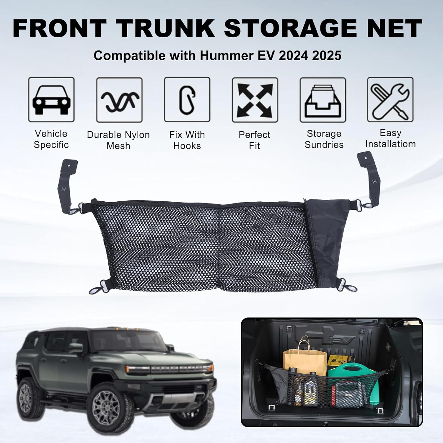 Front Trunk Storage Net Compatible with Hummer EV SUV Pickup Truck 2024 2025 2026 Elastic Storage Net Interior Accessories Trunk Organizer Accessories
