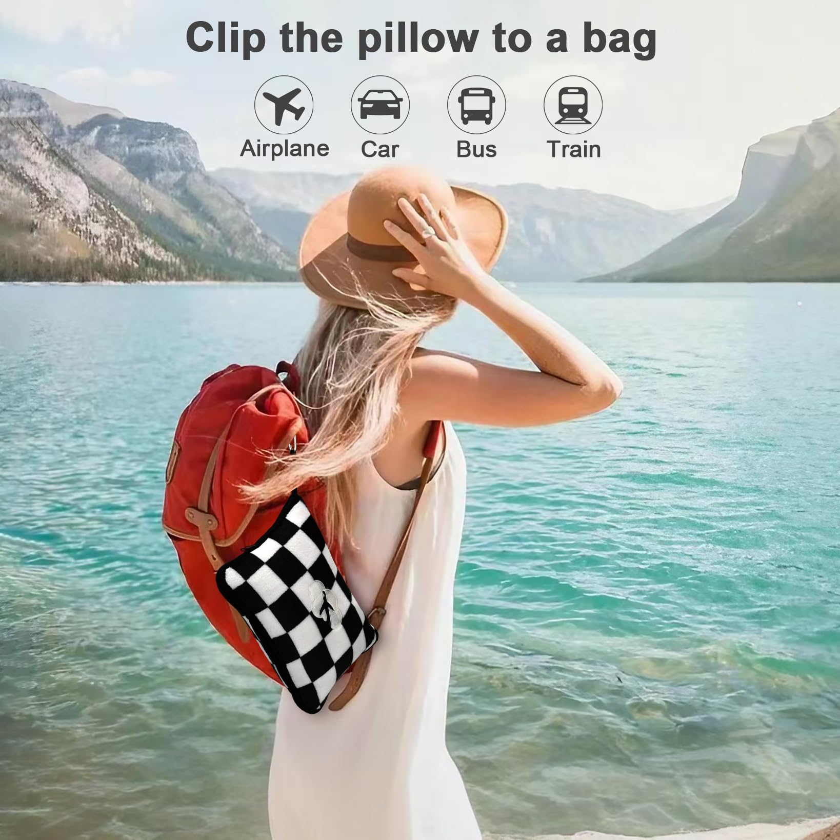 Travel Blanket and Pillow Compact, Premium Soft 2 in 1 Airplane Blanket with Soft Bag Pillowcase，Hand Luggage Sleeve and Backpack Clip (Checkered Black) : Home & Kitchen