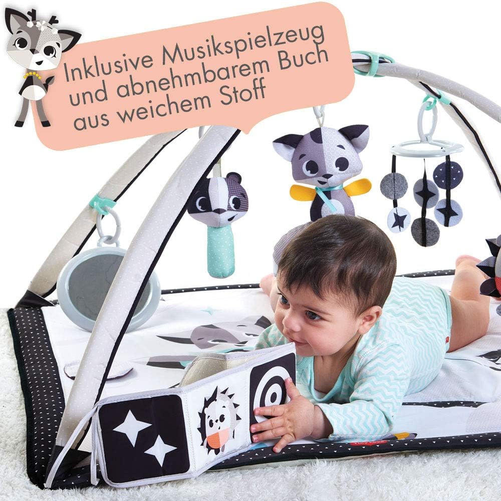 Tiny Love Black & White Gymini, 2-in-1 Spielmatte Baby mit Musik, 0+ Monate, Spieldecke Baby, 18 Aktivitäten, interaktive Musikspielfigur, kontrastreiches Babybuch, verstellbare Bögen, Magical Tales