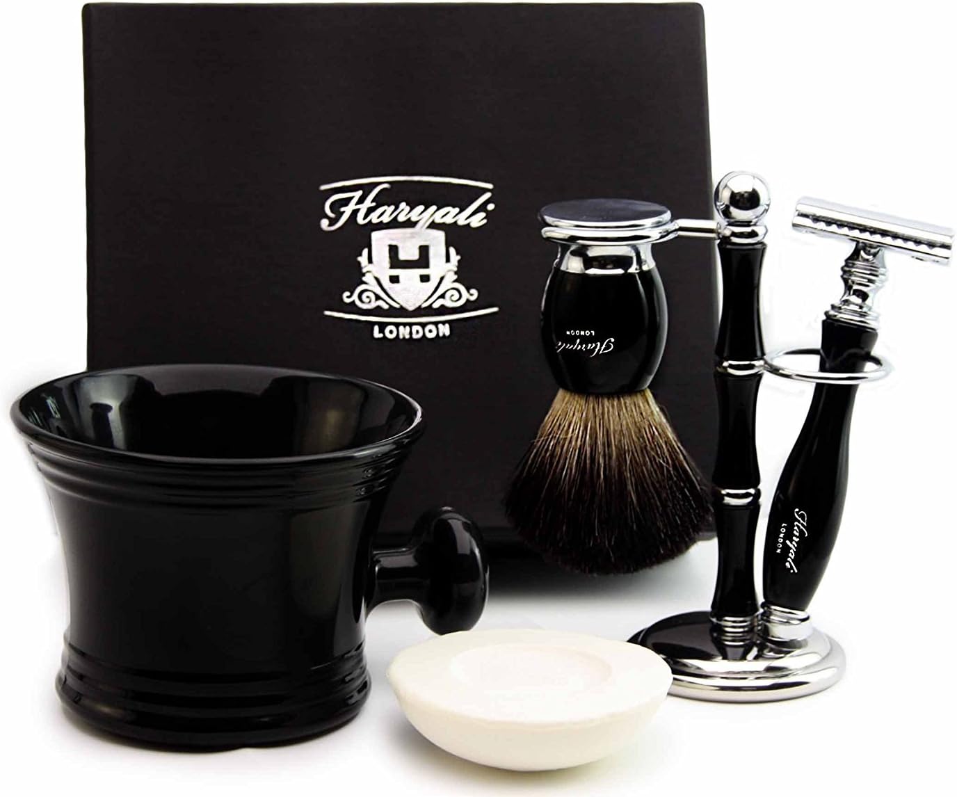 Pure Badger Hair Shaving Set in Black.The Set Contains Shaving Brush,4 Different Type of Razor to Choose, Shaving Brush & Razor Holder,Shaving Mug with soap.Perfect for HIM (De Safety Razor)