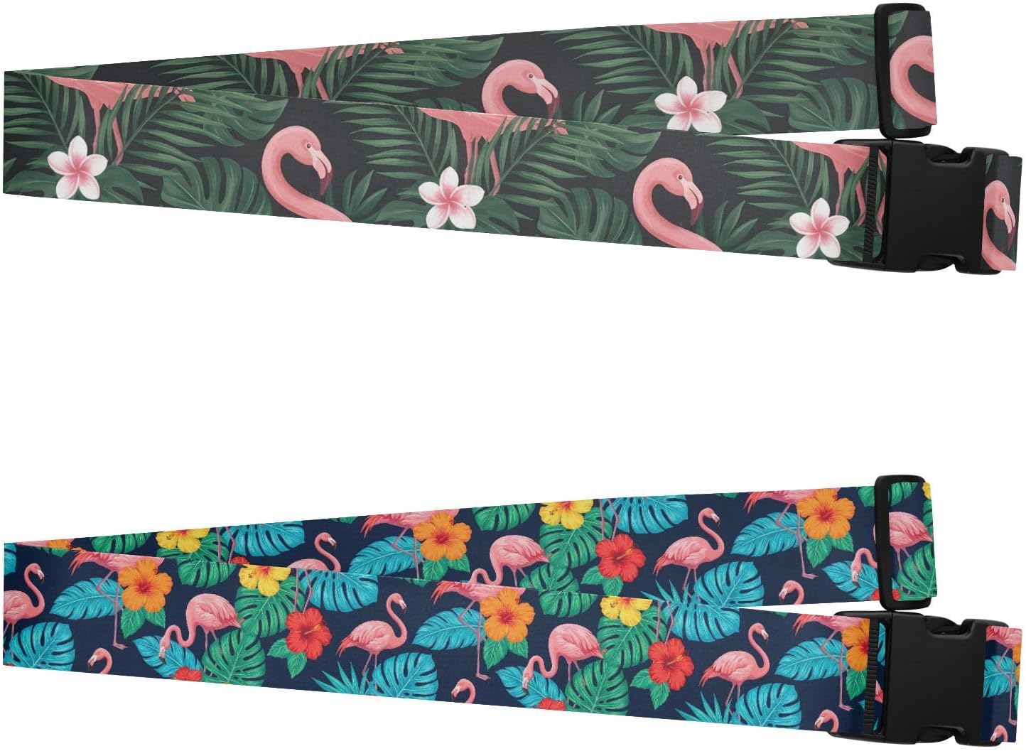 Luggage Straps for Suitcases Adjustable Suitcase Belt with Buckle 2 Pack Travel Accessories, Flamingo Tropical Leaf Colorful Flamingo Hawaiian