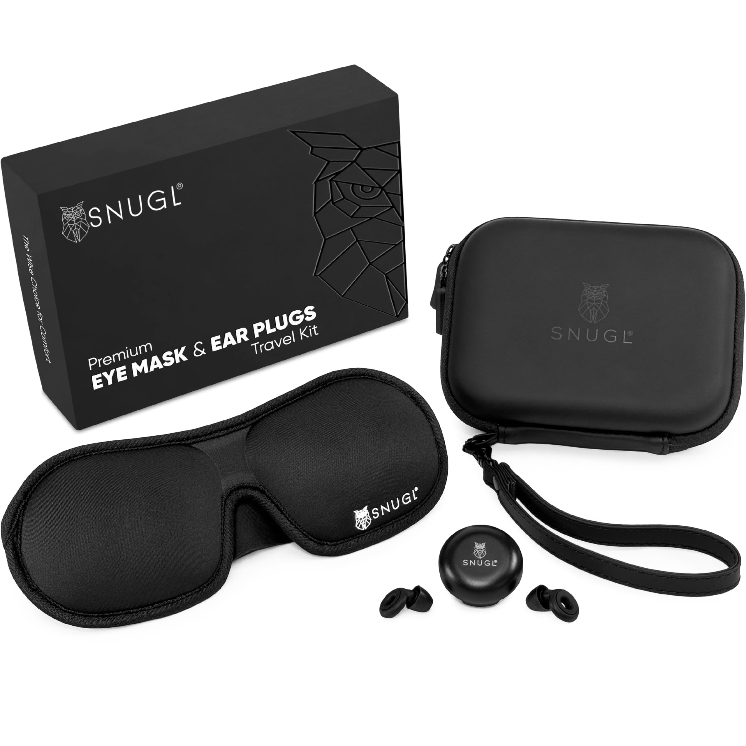 SNUGLSNUGL Sleep Mask Travel Set - 100% Light-Blocking Eye Mask, Silk Eye Cover for Sleeping, Sleeping Mask, 3D Blindfold - Includes Noise-Cancelling Earplugs and Storage Case