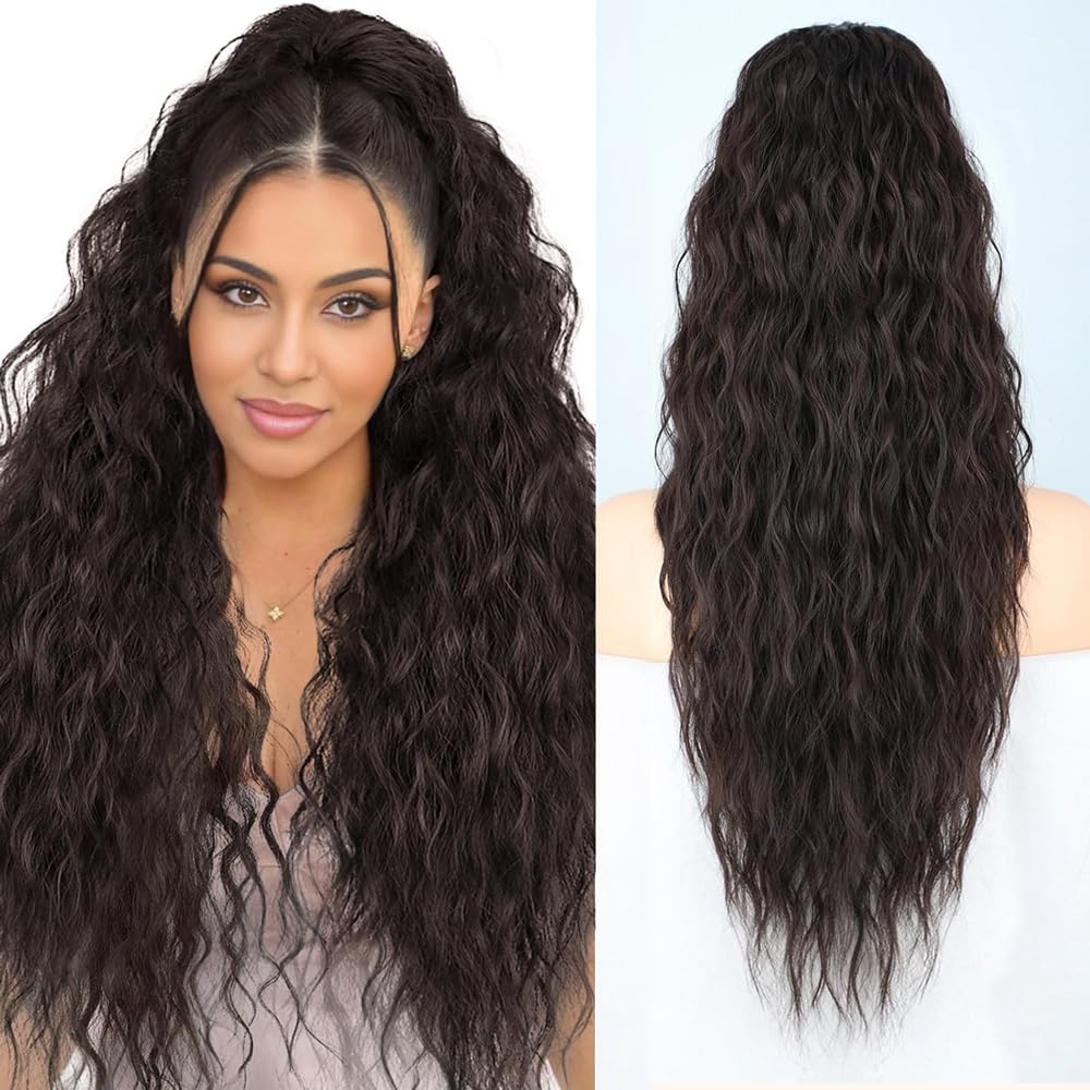 Pony Tails Hair Extensions，26 Inch Dark Brown Drawstring Ponytail For Black Women Clip in Ponytail Curly Ponytail Synthetic Hair Piece For Women