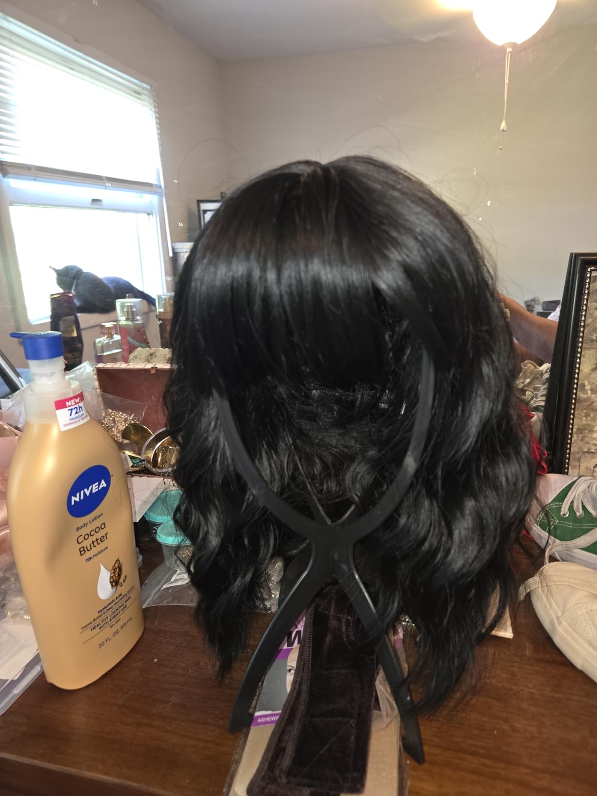 Elfairy Black Wig with Bangs Wig for Women 12in Short Bob Wavy Curly Wig Natural Black Hair Wigs Heat Resistant Hair Replacement Wigs(12'' Natural Black 1B)