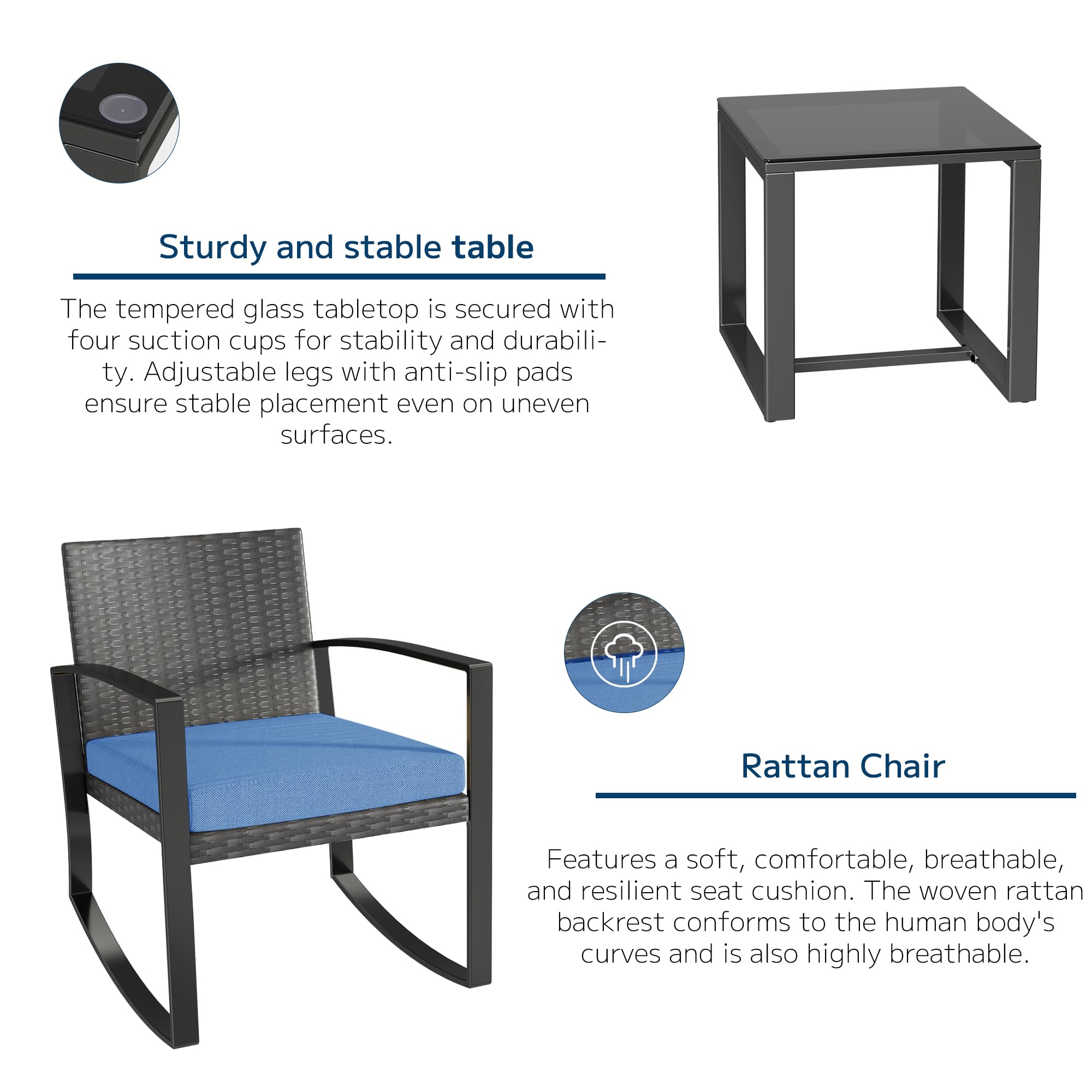 Set di Mobili da Balcone,Set Tavolino e Sedie da Giardino,Set di Mobili da Giardino in Rattan,2 Sedie da Esterno e 1 Tavolino,per Giardino Cortile Piscina (Blu)