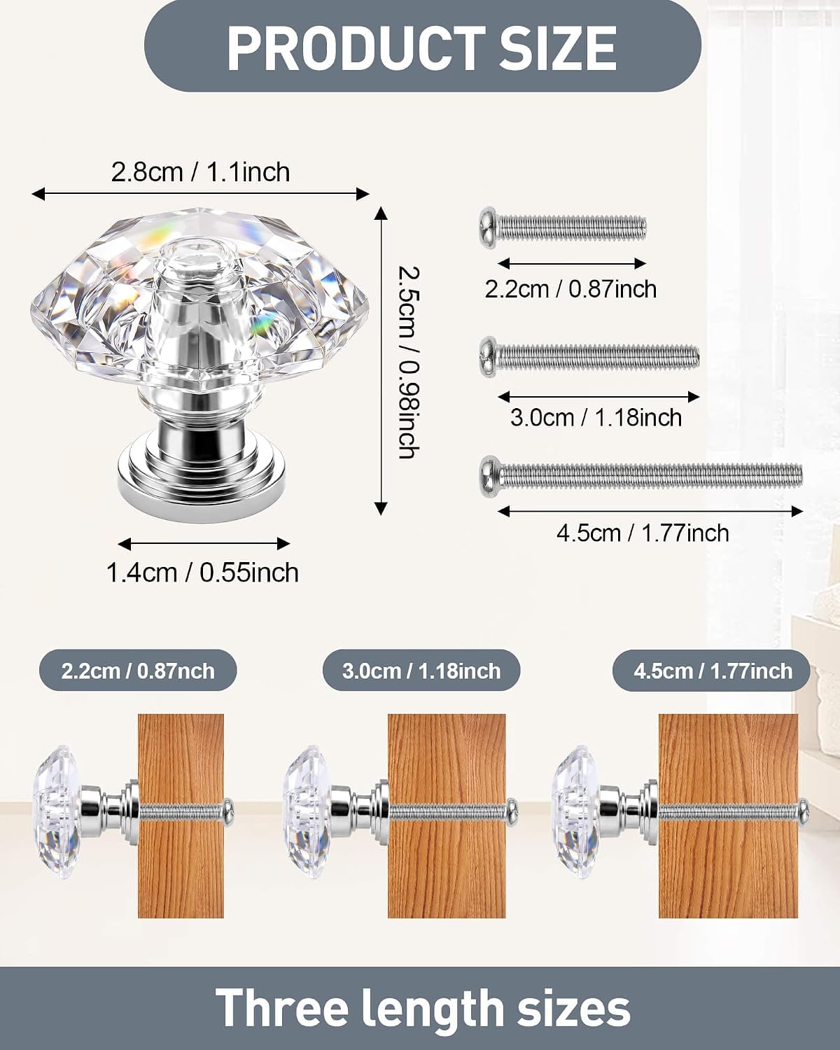 20 Pack Acrylic Drawer Cabinet Knobs Pulls with 3 Size Screws Diamond Shaped Crystal Glass 28mm Dresser Knobs Handles for Cabinets Drawers Cupboard Wardrobe Door in Bathroom Bedroom Kitchen (Silver)