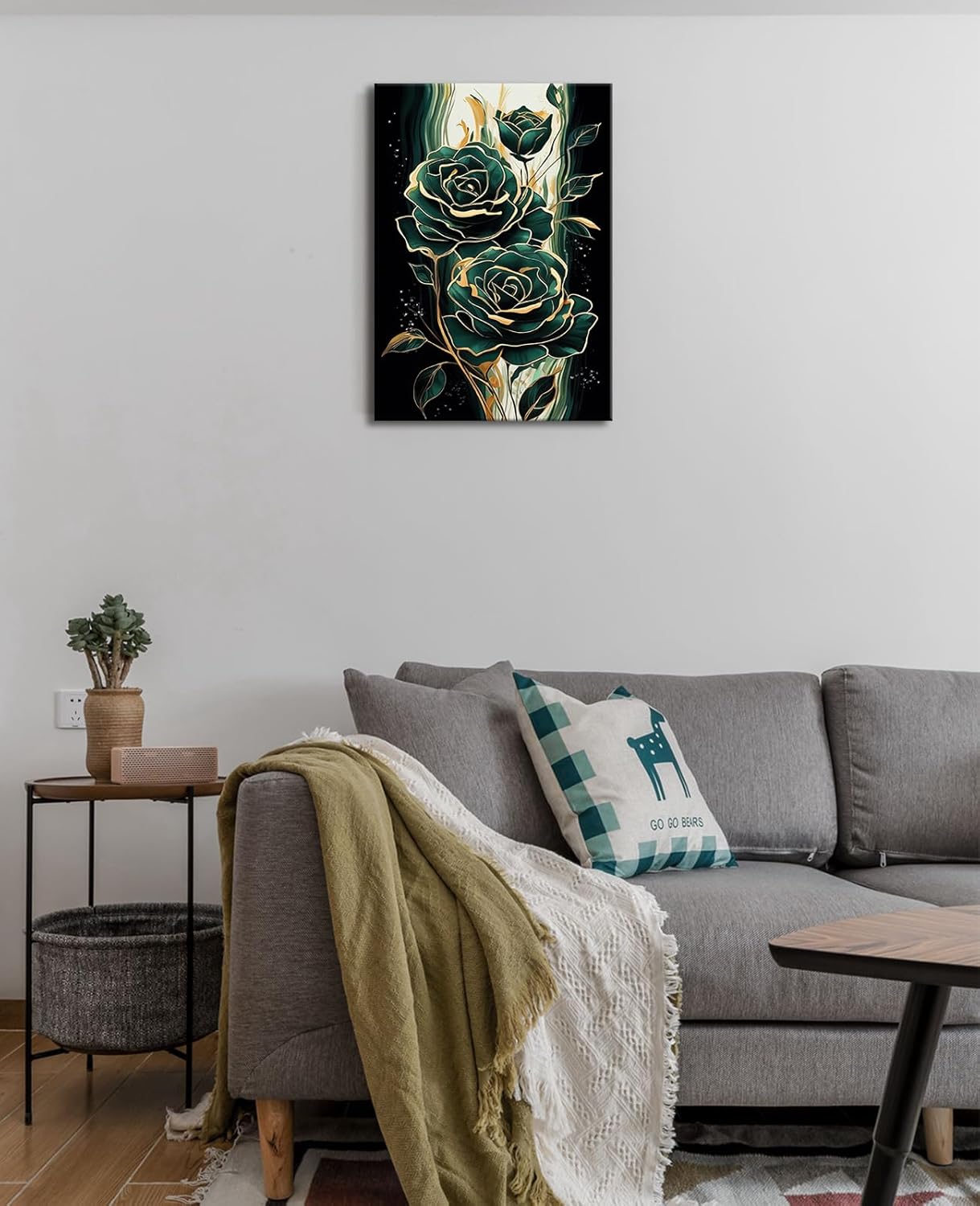 Emerald Green Flower Wall Art Gold Emerald Rose Wall Decor Modern Floral Canvas Print Painting Picture Artwork for Bedroom Bathroom Home Decor,Framed