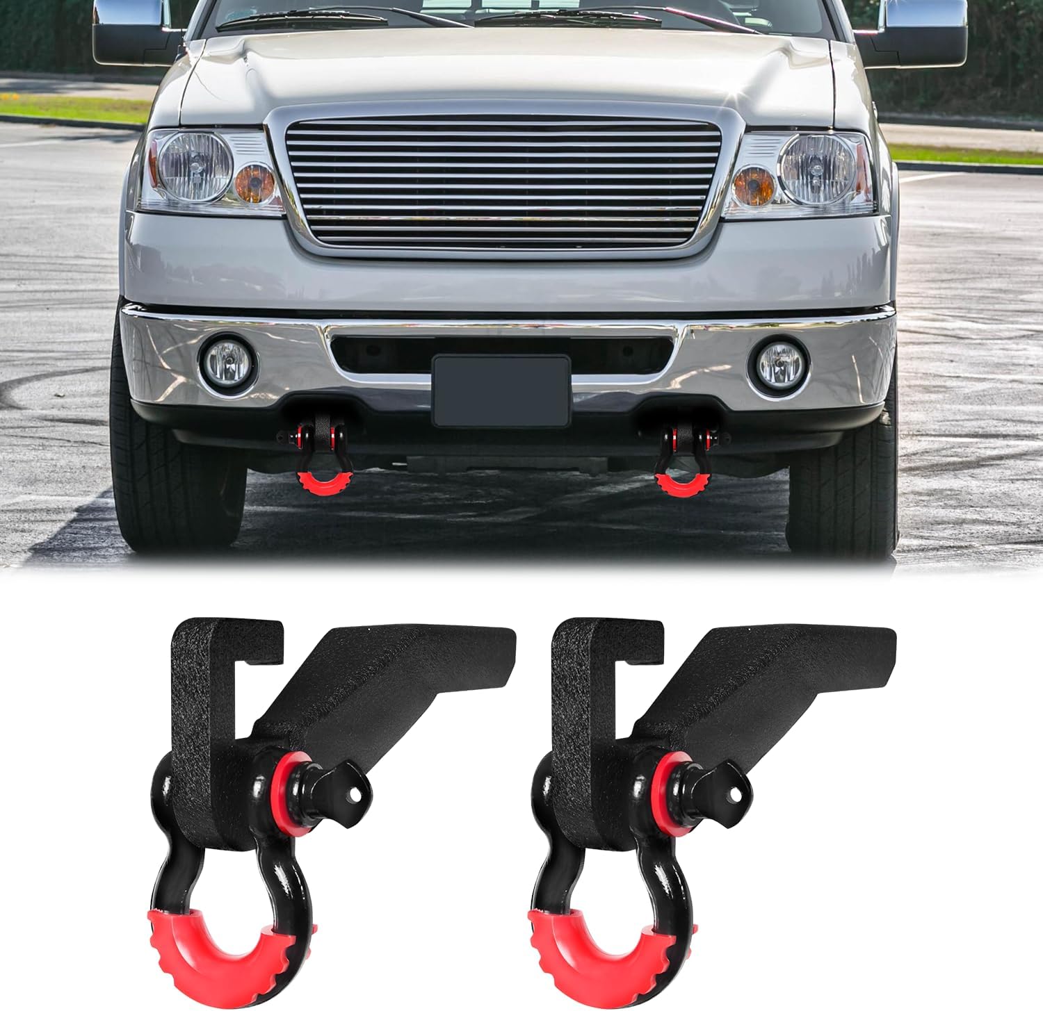 Front Tow Hook Mount Bracket and D-Ring Front Demon Tow Hook Brackets Replacement Compatible with 2009-2022 F-150 with 3/4in D Rings and Shackle