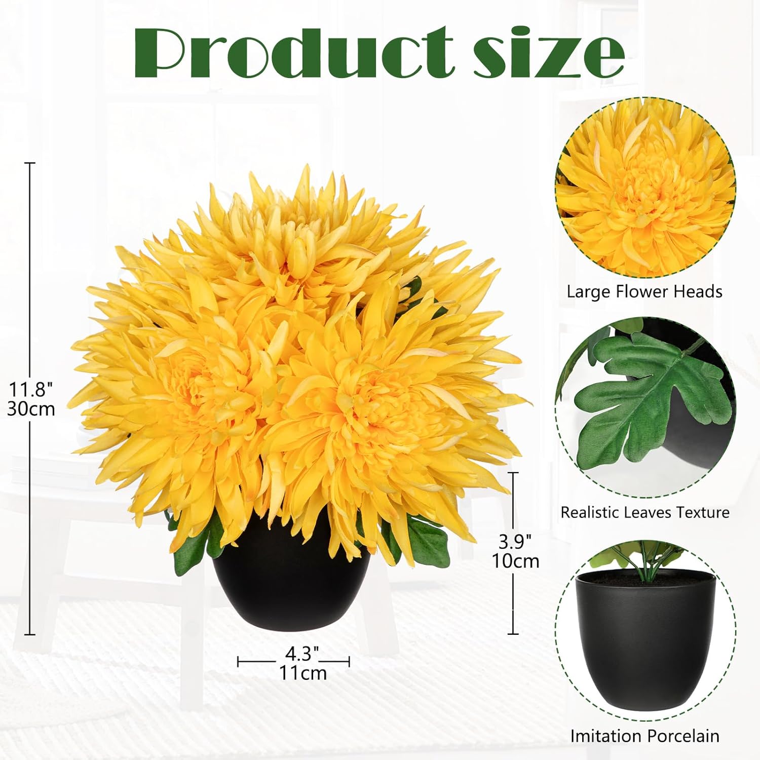 Hollyone Artificial Mums Flowers in Vase Faux Chrysanthemum Silk Flowers Potted Plant Fake Plants & Flowers with Pot Floral Arrangements Bouquets Pincushion Spider Mum Flower Home Decor Yellow - Image 2