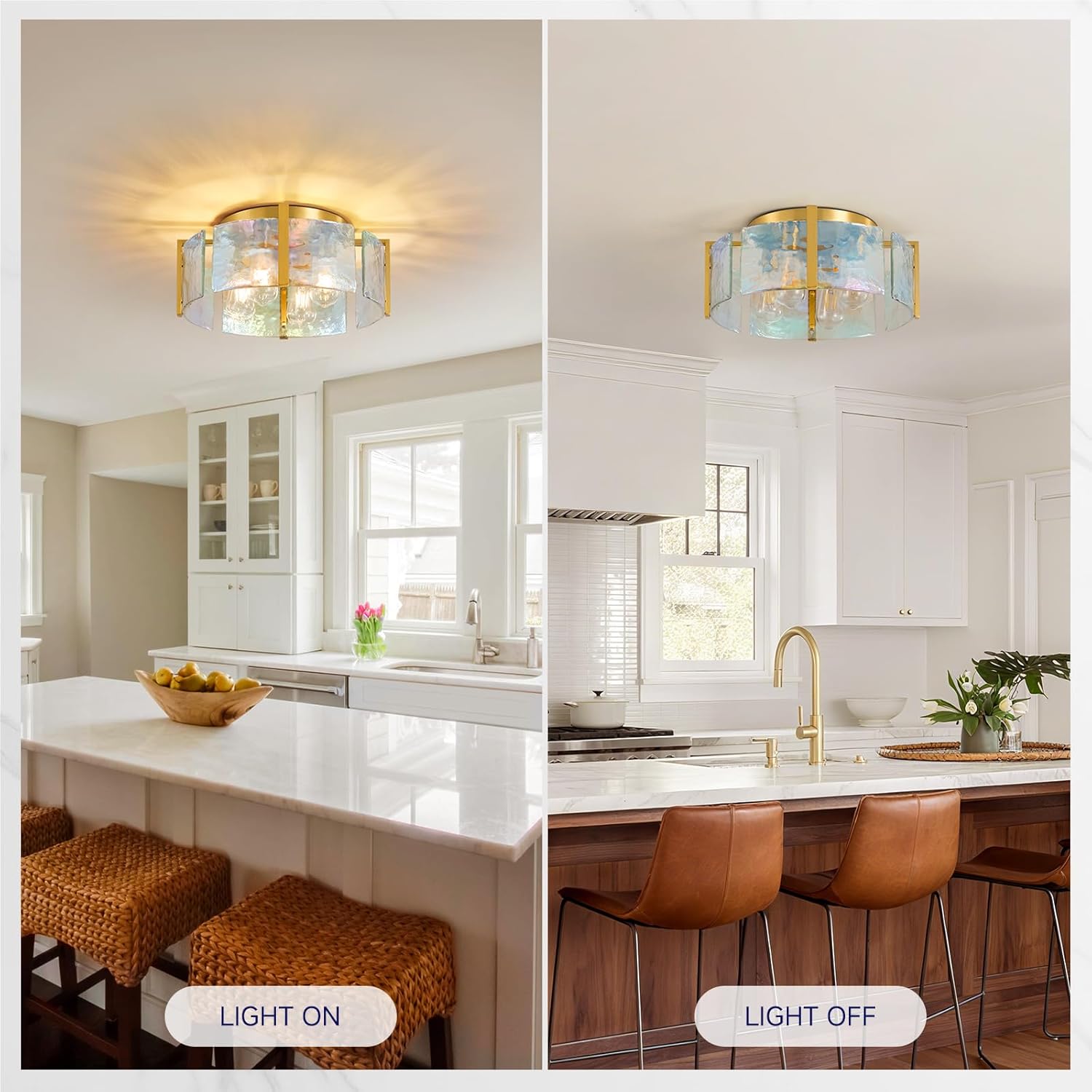Gold Semi Flush Mount Ceiling Light: 17.7in Kitchen Lights Fixture Ceiling Mount - Modern Bedroom Colorful Glass Drum Indoor Lighting - Mid Century Fixtures for Laundry Room Foyer Hallway Entryway