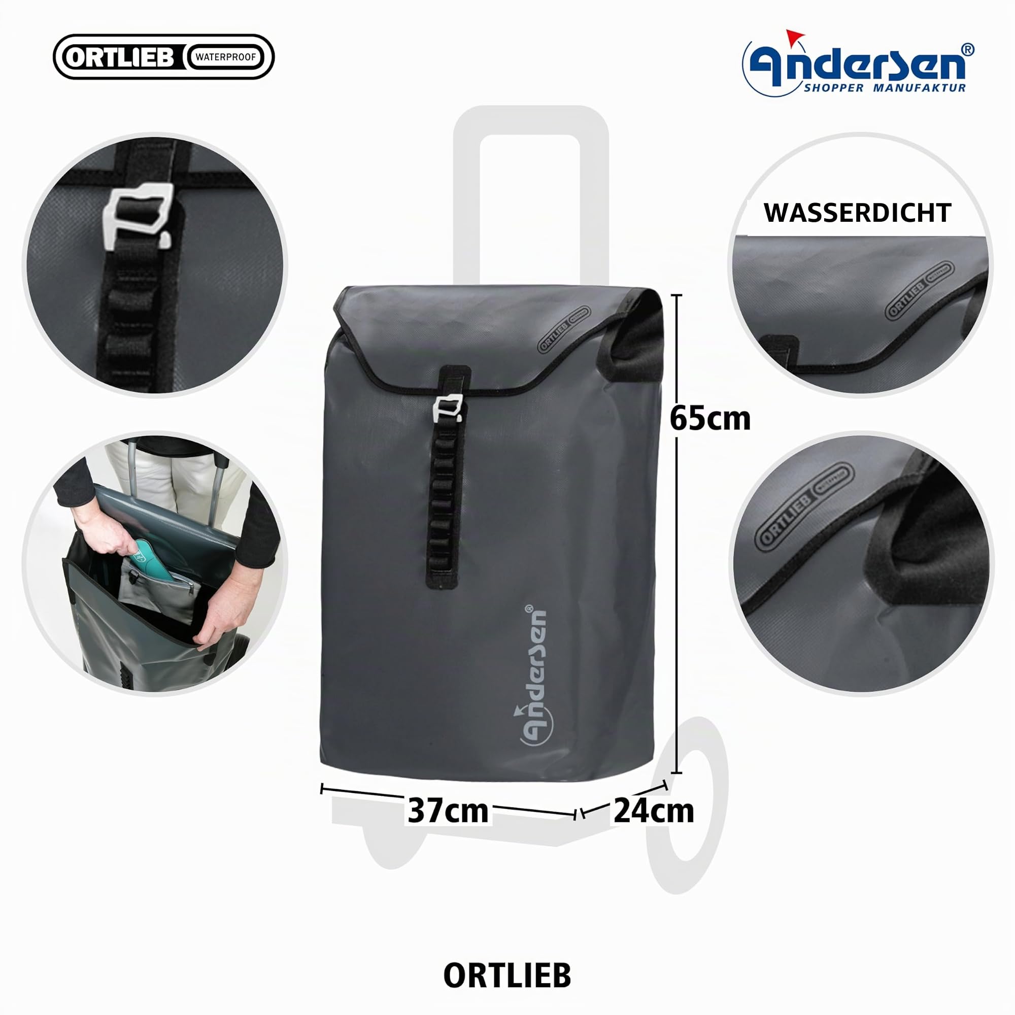 ANDERSEN Einkaufstrolley - Tura Shopper Ortlieb anthrazit | Fahrradanhänger, Luftbereifung, ergonomischer Griff, bis 50 kg - Tasche verschweißt, wasserdicht, Innenfach, 49 L