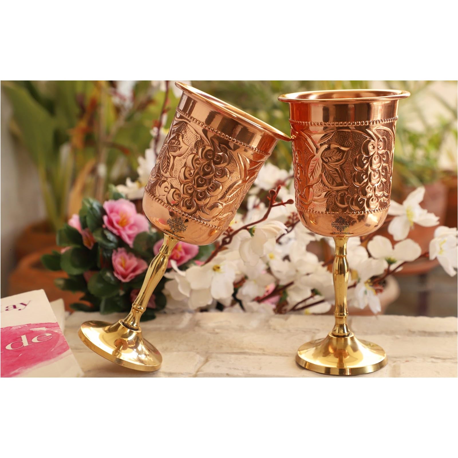 INDIAN ART VILLA Pure Copper Wine Glass with Grape Vines Embossed Design & Brass Bottom, Serving Drinking Wine Cocktail Bar Hotel Restaurant, Volume-300 ML Pack of - 2 3