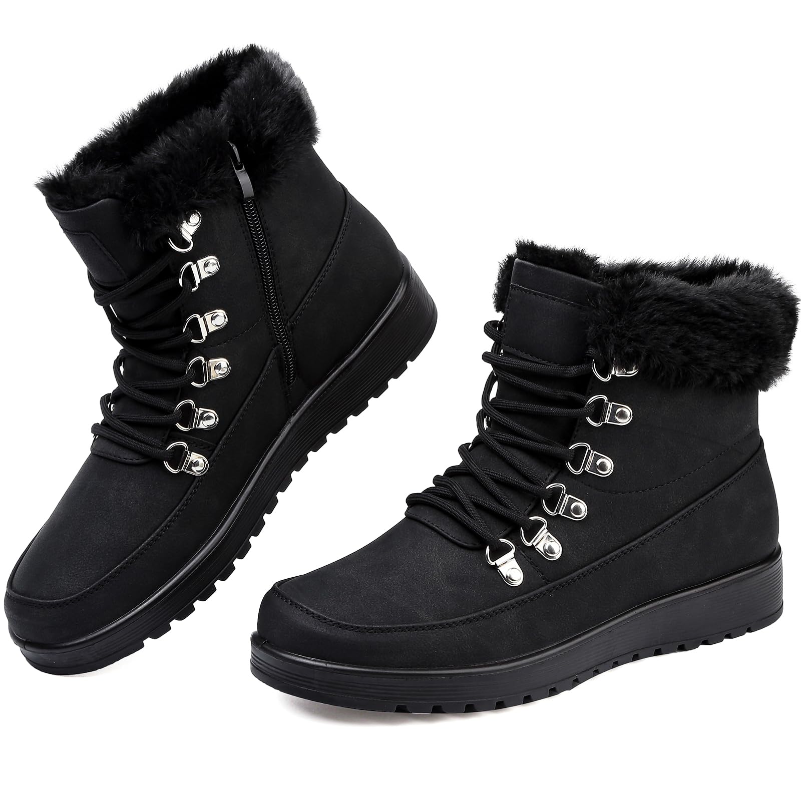 Womens Snow Boots Waterproof Leather Fur Lined Winter Warm Boots for Women Comfortable Platform Lace up PU Fashion