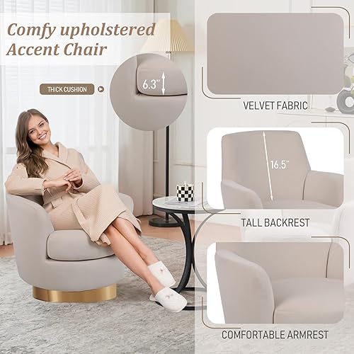 Miniatura 6 de SLEERWAY Silla giratoria de 360, moderna silla redonda de terciopelo con base y respaldo de metal dorado, cómodo sillón pequeño tapizado para