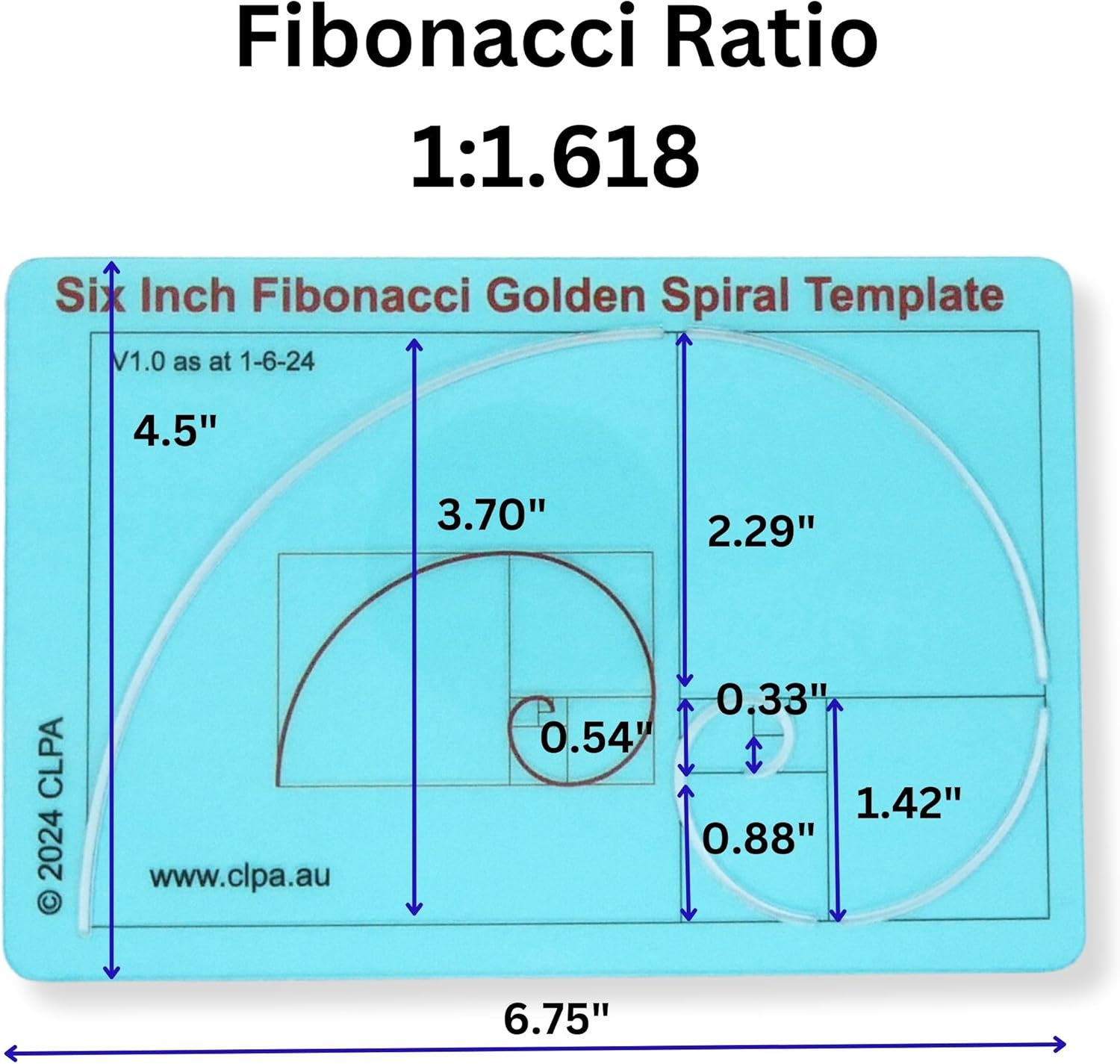6" Fibonacci Spiral Stencil Template — Golden Ratio Tool for Drawing | Fibonacci Template | Geometric Stencil for Art, Drafting and Quilting | Clear PETG | Made in Australia