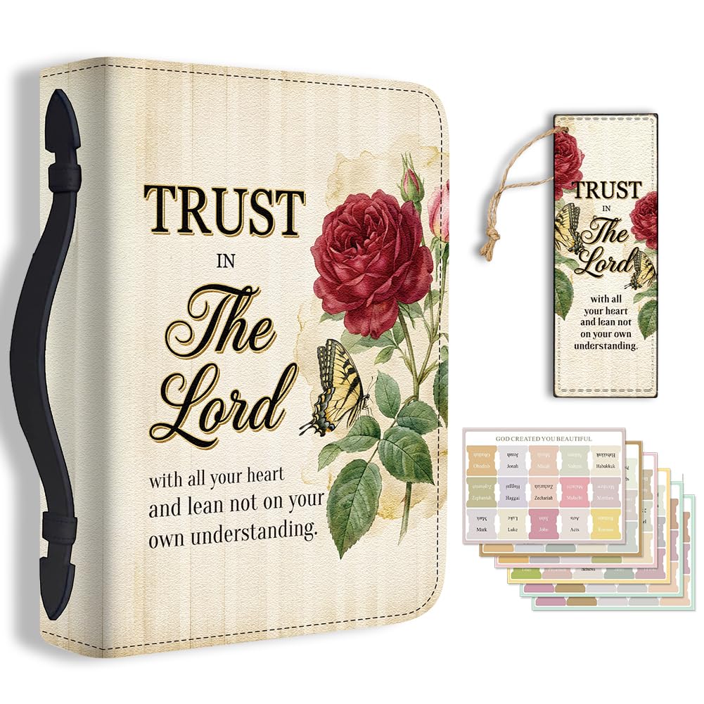 Hobbspring Bible Holder Case for School Office June Rose Bible Protective with Handle Bookmark Trust in The Lord Bibles Cover with Zipper and Label Stickers for Students Adults PU Leather Bag