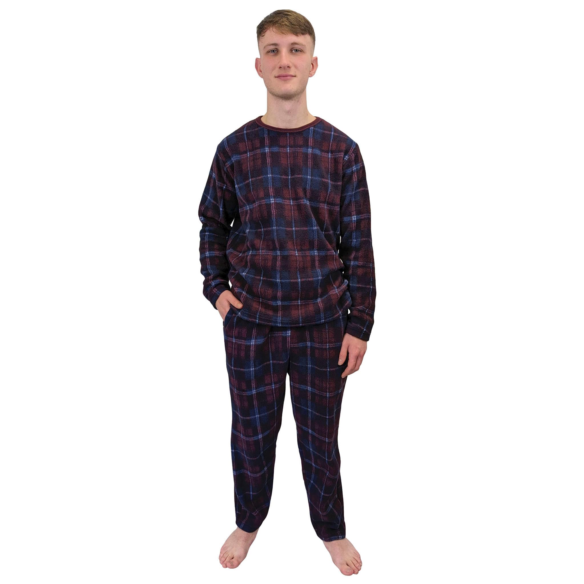 KRUXADER Mens Warm Fleece Loungewear Winter PJ Pyjama Set PJ's Pyjamas Sets Tartan (Maximus Burgundy, L)