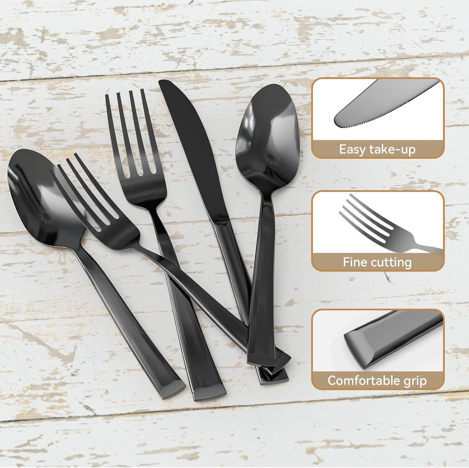 QUEARI Black 20-Piece Silverware Set, Stainless Steel Flatware Set, Cutlery Set Mirror Polished, Dishwasher Safe, Service for 4