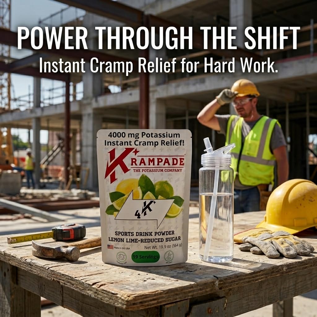 Krampade High Potassium Electrolyte Powder Low Sugar Lemon Lime, 8000mg Electrolytes, 4000mg Potassium, Instant Cramp Relief & Prevention, Cellular Hydration,19 Serving Bulk Powder