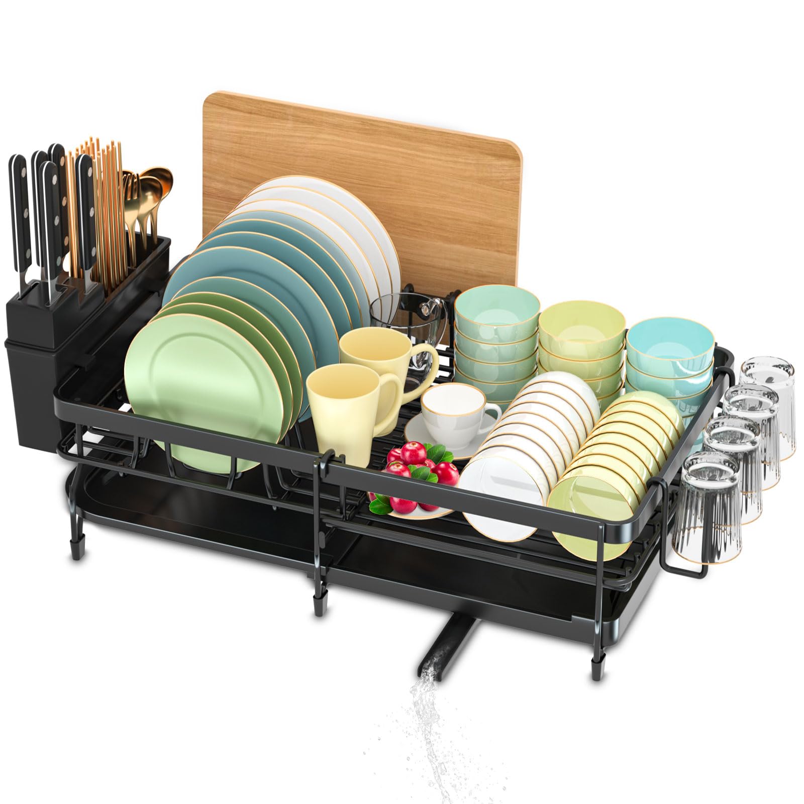 Escurreplatos, Alta Capacidad Escurridor de Platos con Drenaje Automático, Escurreplatos de Acero Inoxidable con Soporte para Utensilios, Portavasos, Tabla de Cortar y Alfombrilla Extra Seca