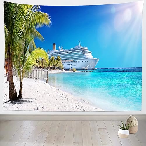 Miniatura 6 de Loccor Tapiz de crucero con diseño de palmera del mar caribeño, coral, playa, tapiz para colgar en la pared, isla tropical, sol, verano, vacaciones,