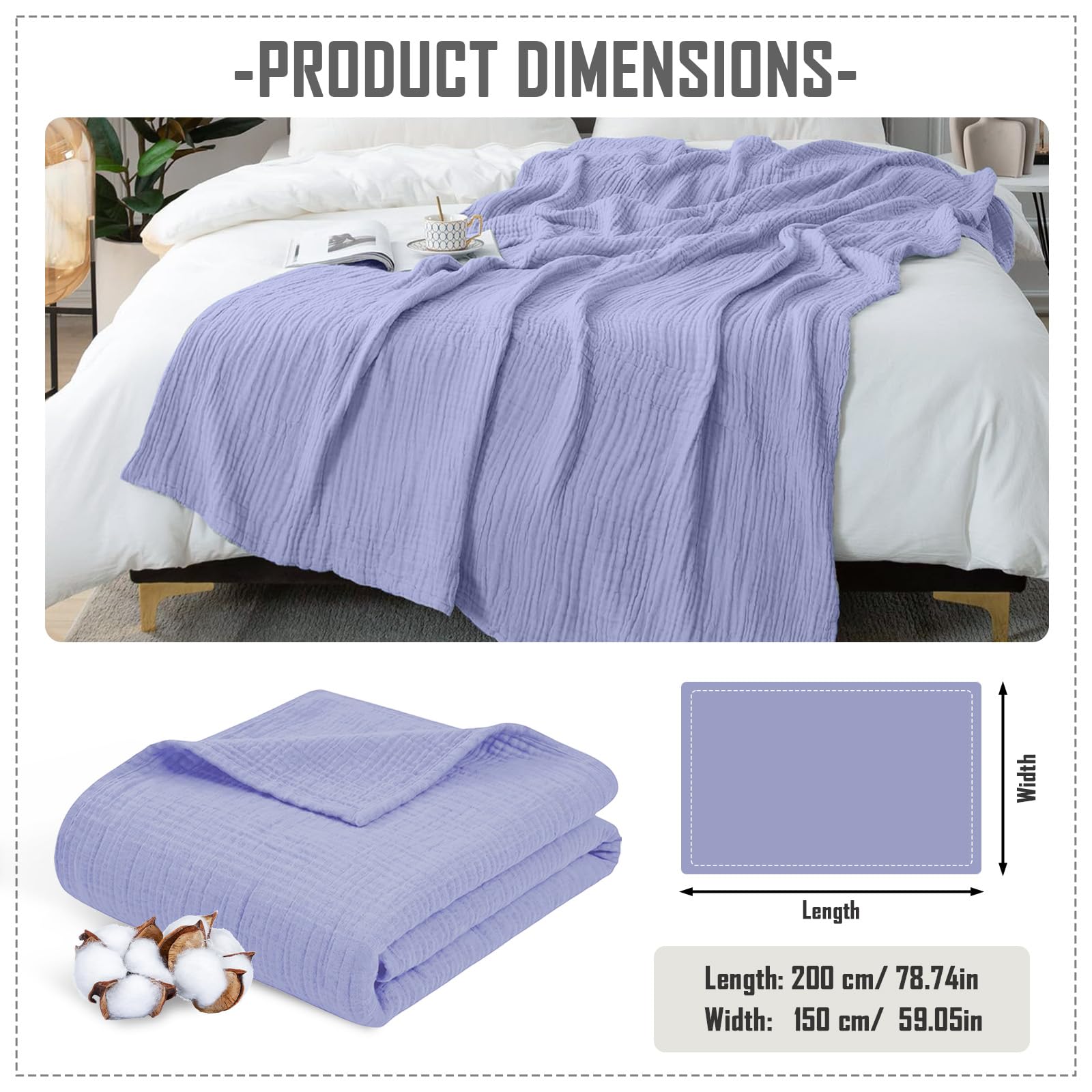 Manta de Muselina de 150 x 200 cm,100% Algodón,Manta Suave de Verano de 6 Capas,Plaid Sofa,Colcha de Muselina,Edredón para Cama y Sofá,Plaid Cama para Todo el Año(Lavanda Violeta)
