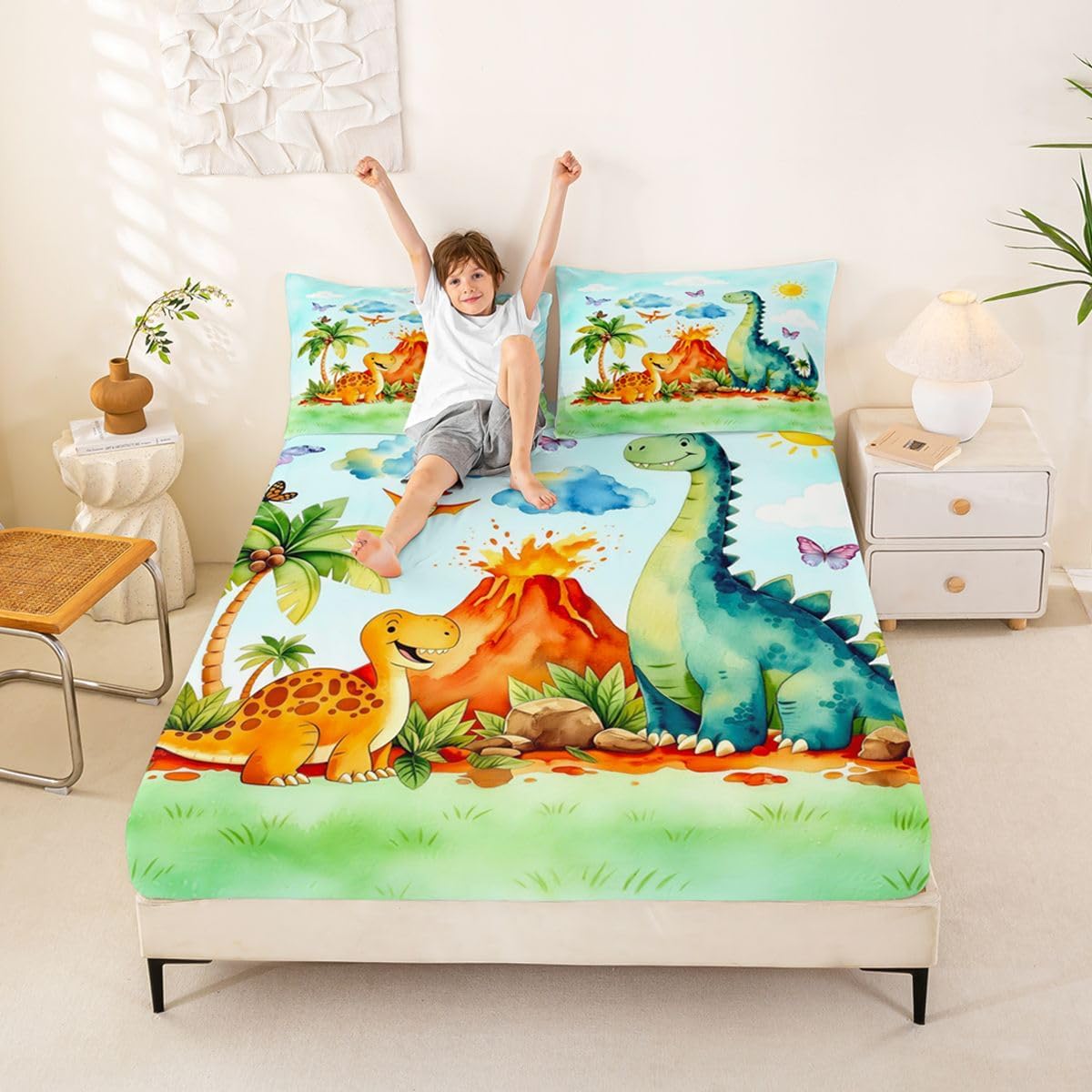 Erosebridal Kids Boho Dinosaur Fitted Sheet Queen Cute Watercolor Dino Bed Sheets Tropical Plants Volcano Peel Bedding Set for Kids Teens Cartoon Dinosaur Themed Bed Cover 3 Pcs