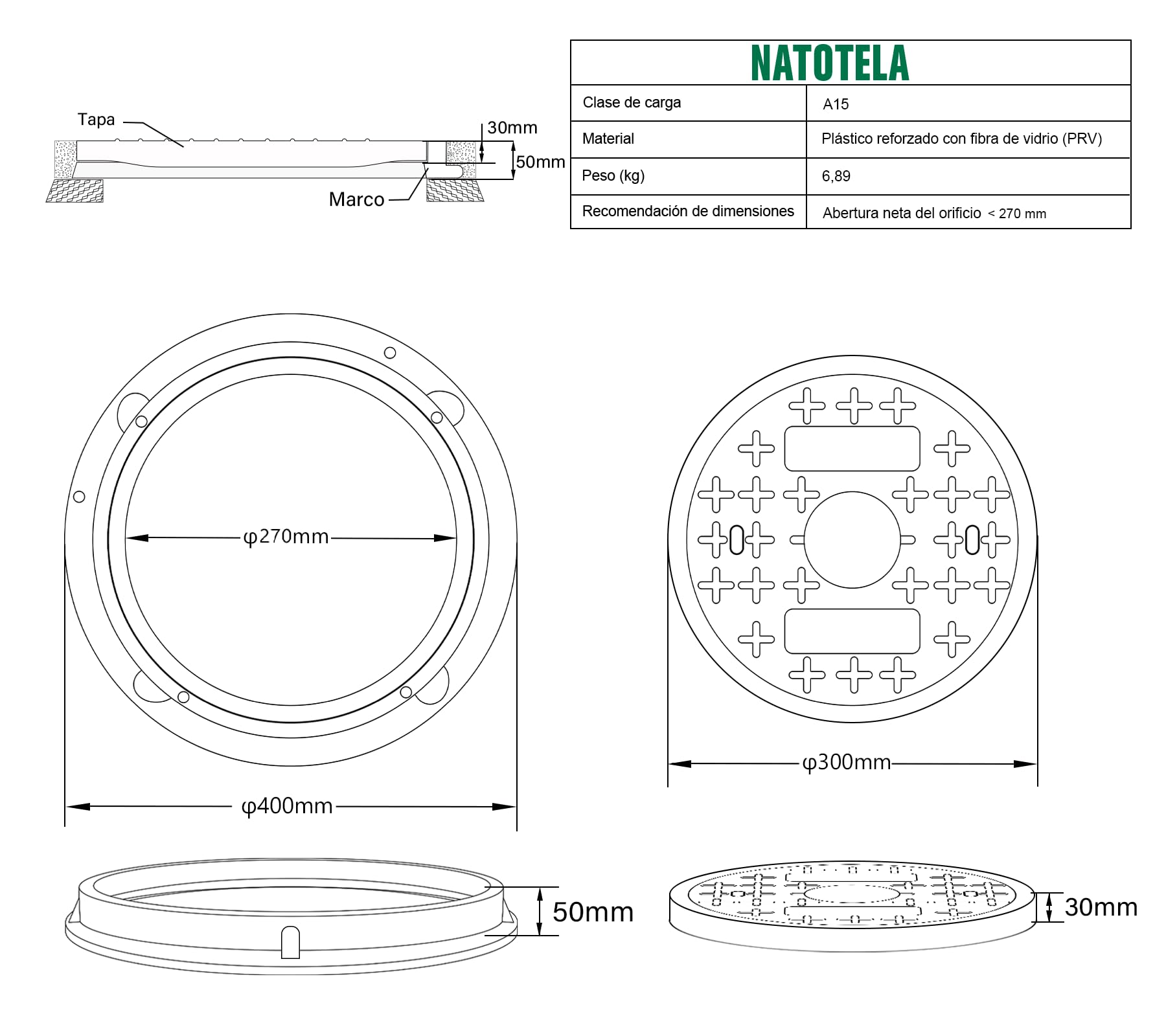 Ø 400 mm Cubierta de ojo redonda compuesta PRV, A15 Tapa de foso séptico de fibra de vidrio con marco, interior: Ø 270 mm para jardín, garaje, patio, pasillo