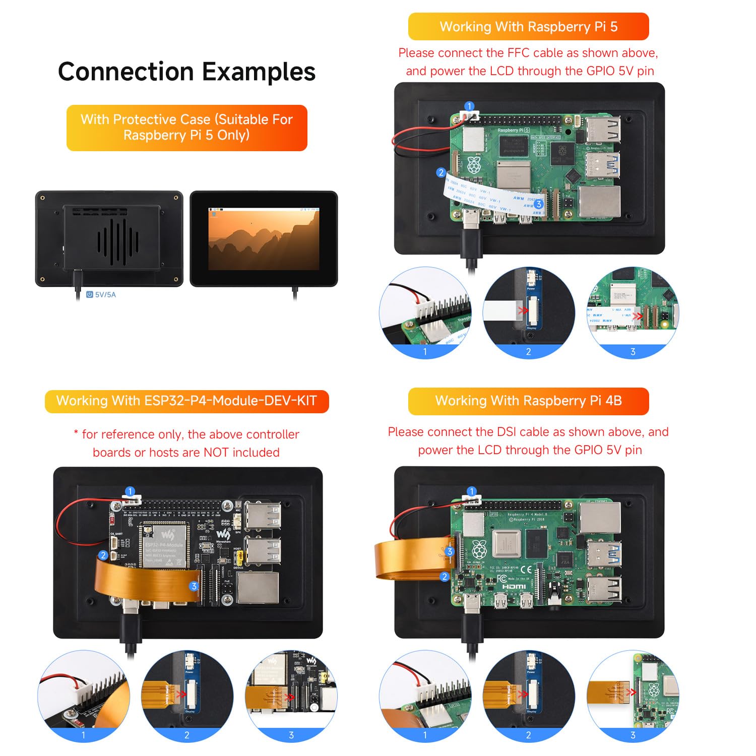 LUCKFOX 5-Inch DSI Capacitive Touch Display(with Case), 5-Point Touch IPS Panel for Raspberry Pi 5 / Pi 4B / ESP32-P4-Module-DEV-KIT/Luckfox Lyra / Omni3576