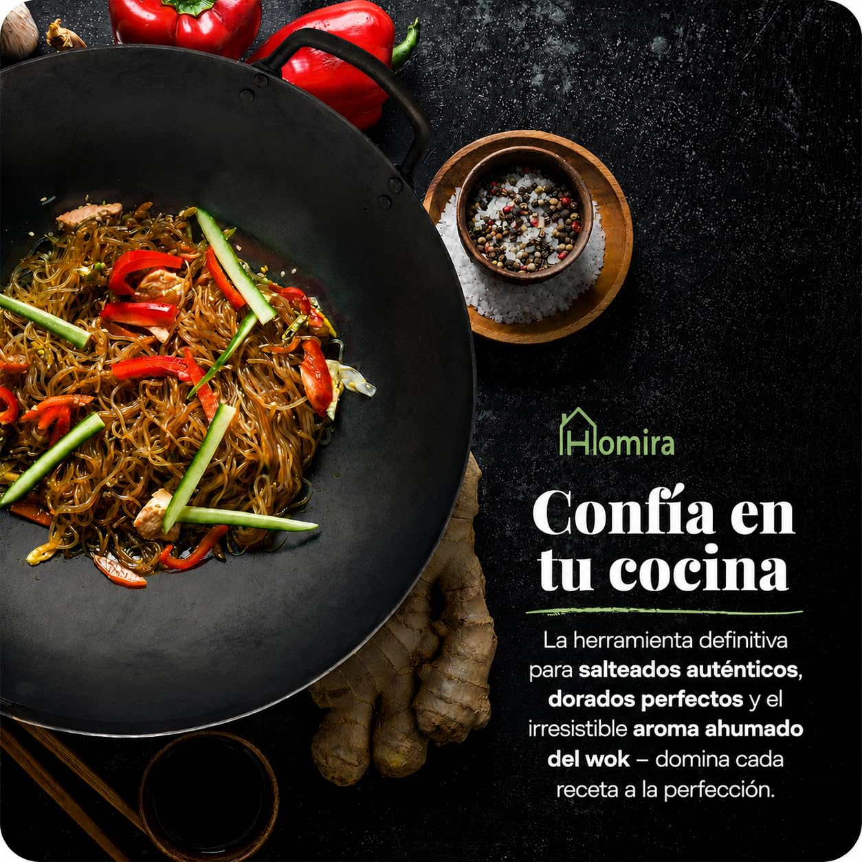 Homira Wok de Acero al Carbono de 36 cm, Martillado a Mano, Fondo Plano y Mango de Madera – Sartén Wok Tradicional sin PFAS para Inducción, Gas, Vitrocerámica, Barbacoa y Exterior (Fondo Plano)