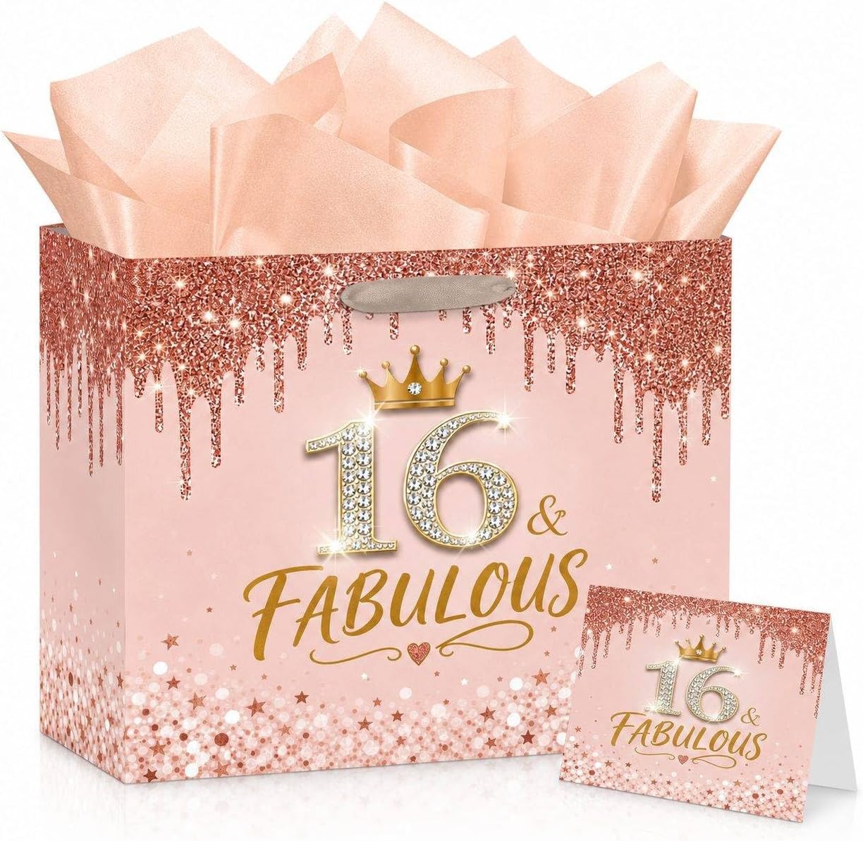Rose Gold 16th Birthday Gift Bag with Tissue Paper and Card, 12x10 Inch